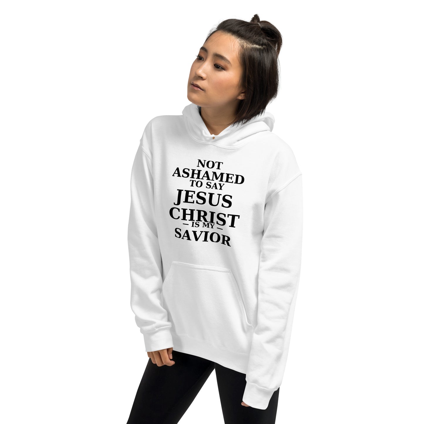 “White Christian hoodie with the bold faith message ‘Not Ashamed to Say Jesus Is My Savior’ in modern typography. Inspirational Scripture-based apparel for evangelism and everyday Christian streetwear.