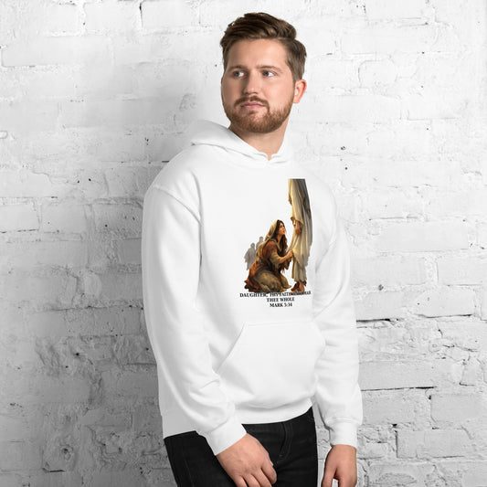Christian hoodie design showing the woman touching the hem of Jesus’ garment, inspired by Mark 5 faith and healing