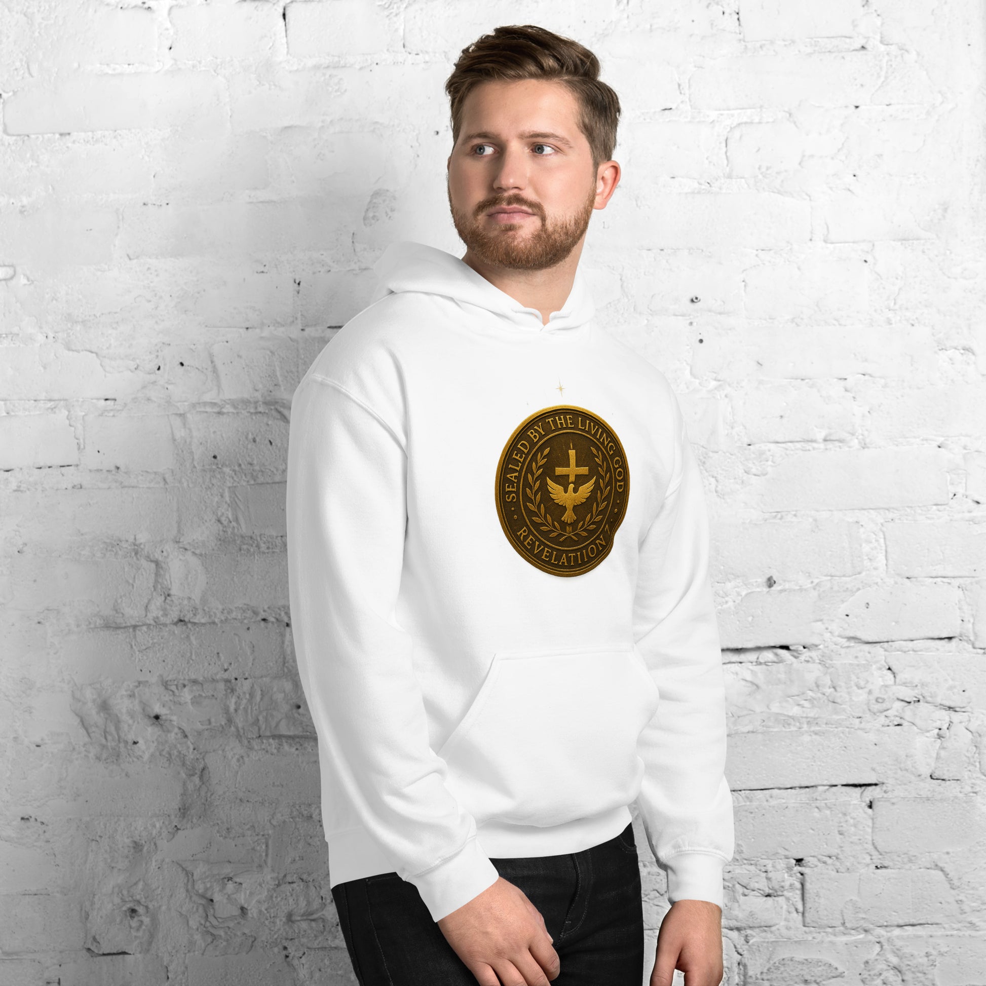 Christian hoodie with gold seal emblem that reads “Sealed by the Living God – Revelation 7” with a cross and dove in the center.