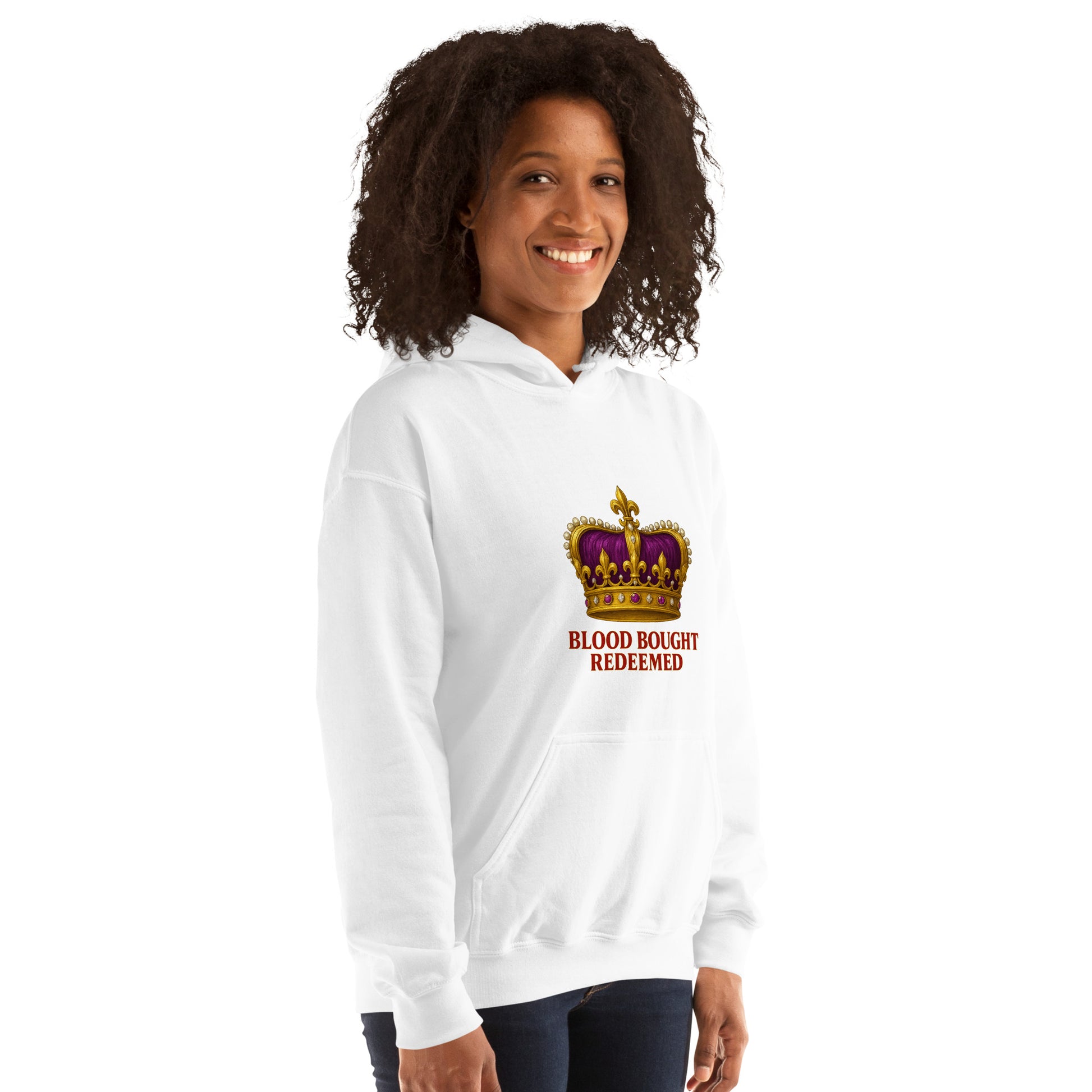 Christian Redeemed Crown hoodie with Blood Bought royal faith design.