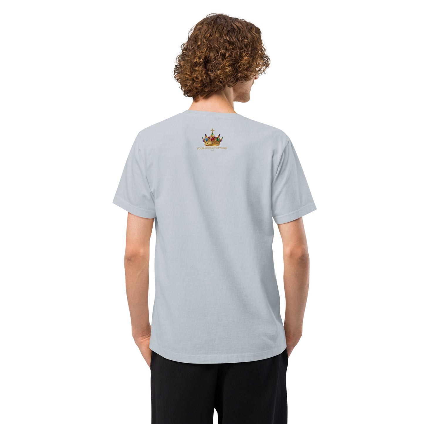 Person wearing a light gray t-shirt on a white background
