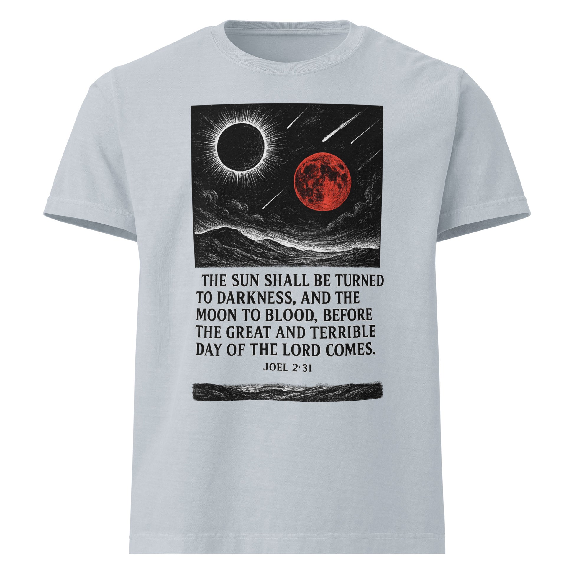 Light gray t-shirt with celestial design and text on a white background