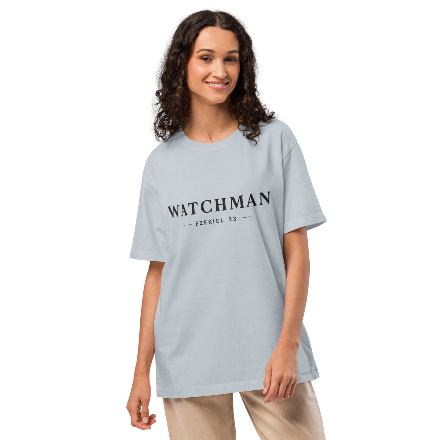 Minimal “WATCHMAN” Christian design with Ezekiel 33 reference, bold prophetic streetwear graphic for oversized T-shirt.