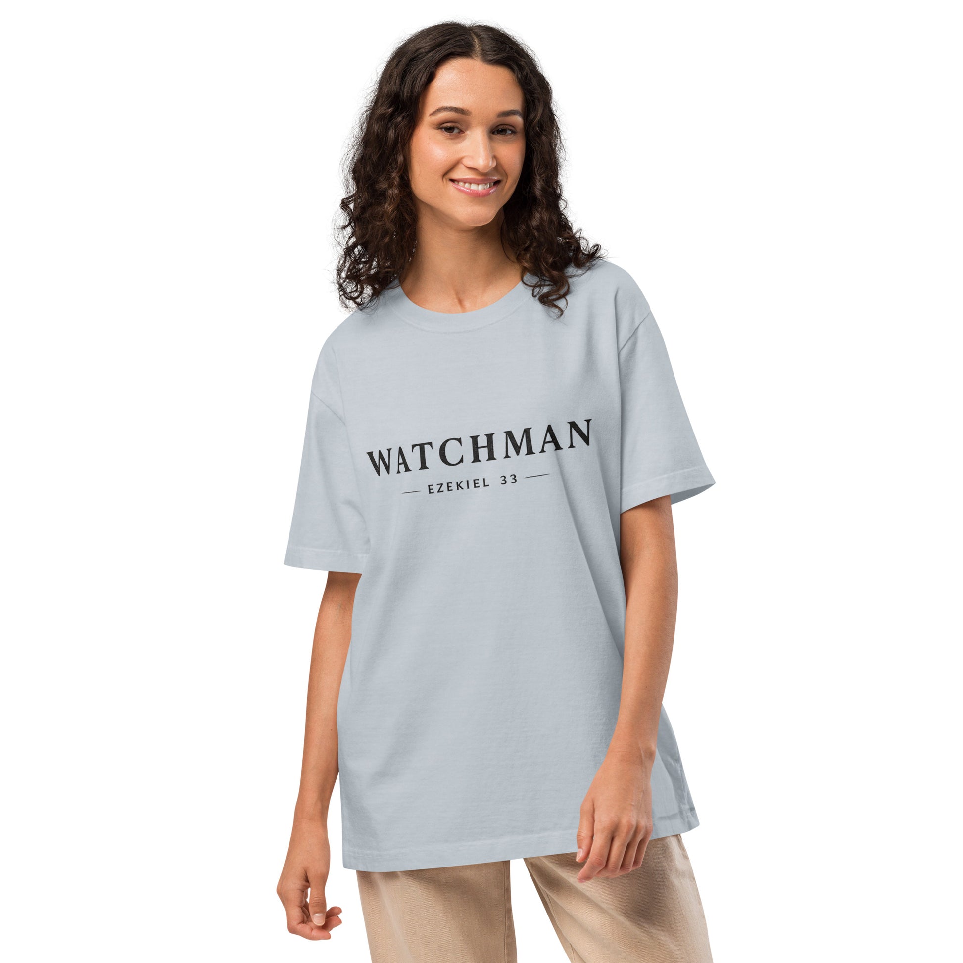 Minimal “WATCHMAN” Christian design with Ezekiel 33 reference, bold prophetic streetwear graphic for oversized T-shirt.
