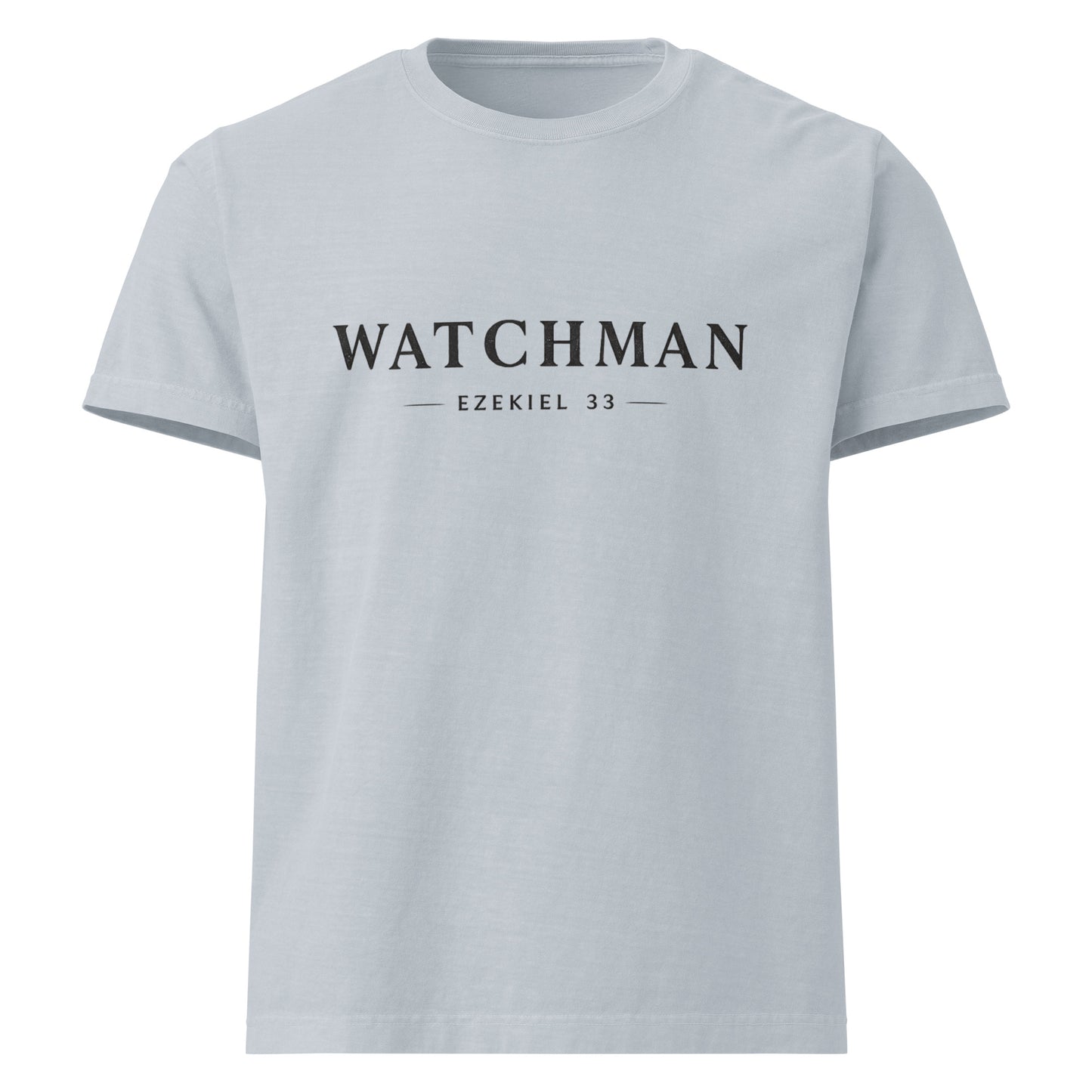Minimal “WATCHMAN” Christian design with Ezekiel 33 reference, bold prophetic streetwear graphic for oversized T-shirt.