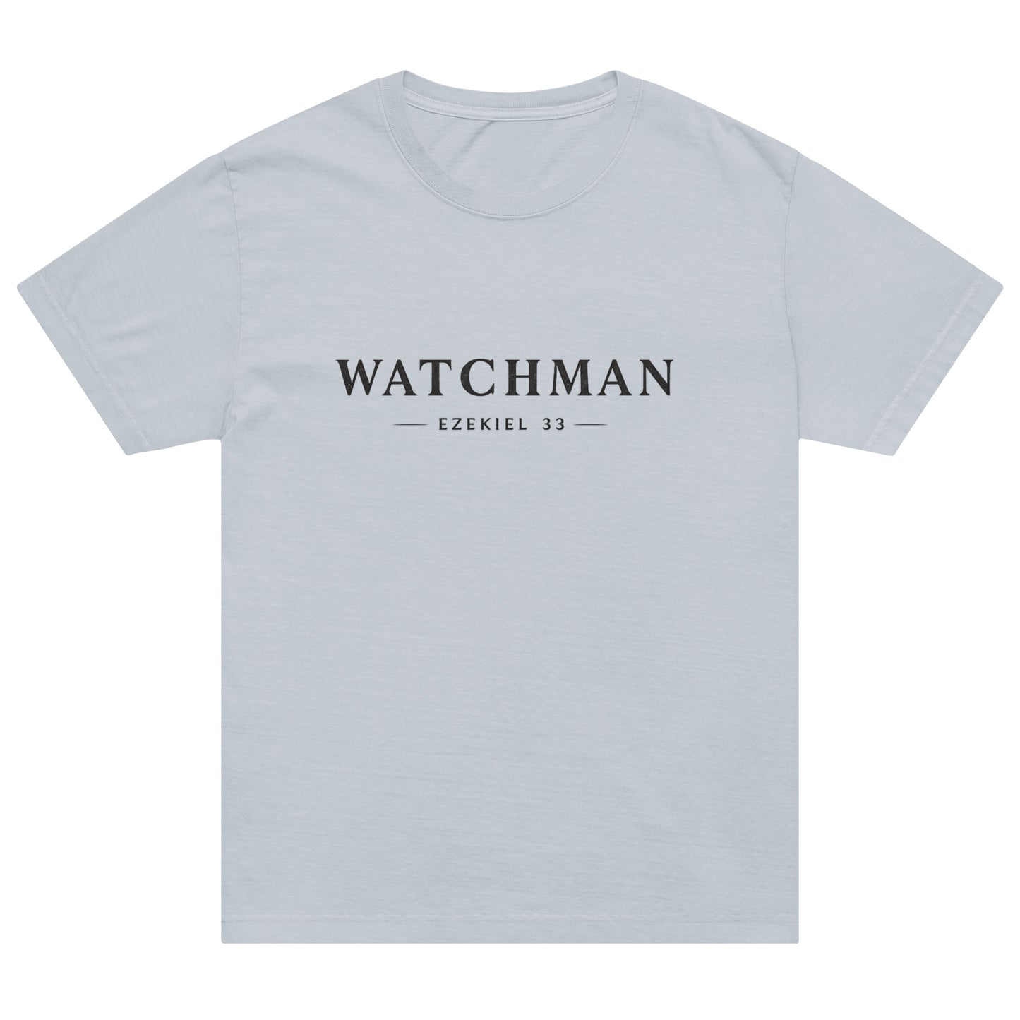 Minimal “WATCHMAN” Christian design with Ezekiel 33 reference, bold prophetic streetwear graphic for oversized T-shirt.