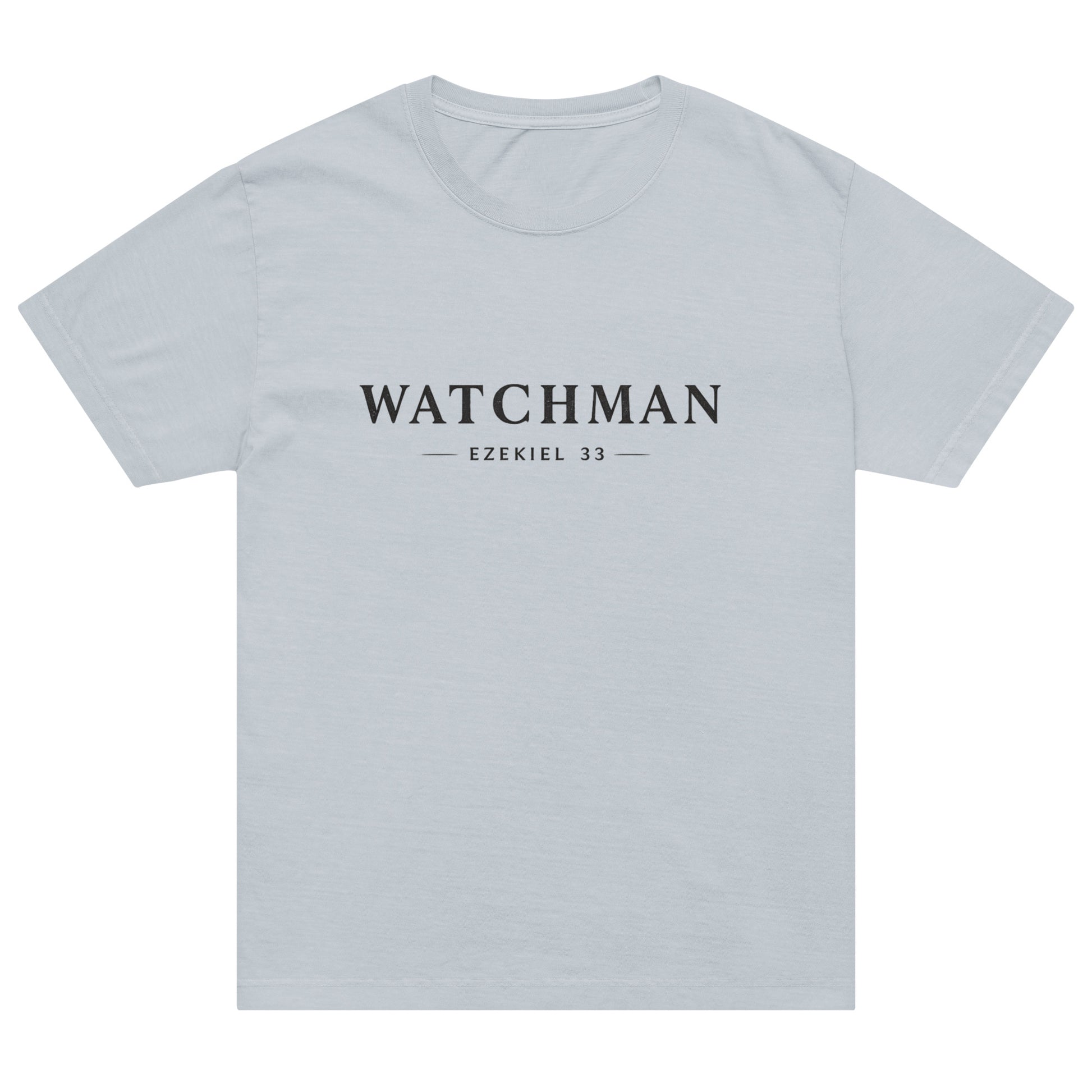 Minimal “WATCHMAN” Christian design with Ezekiel 33 reference, bold prophetic streetwear graphic for oversized T-shirt.