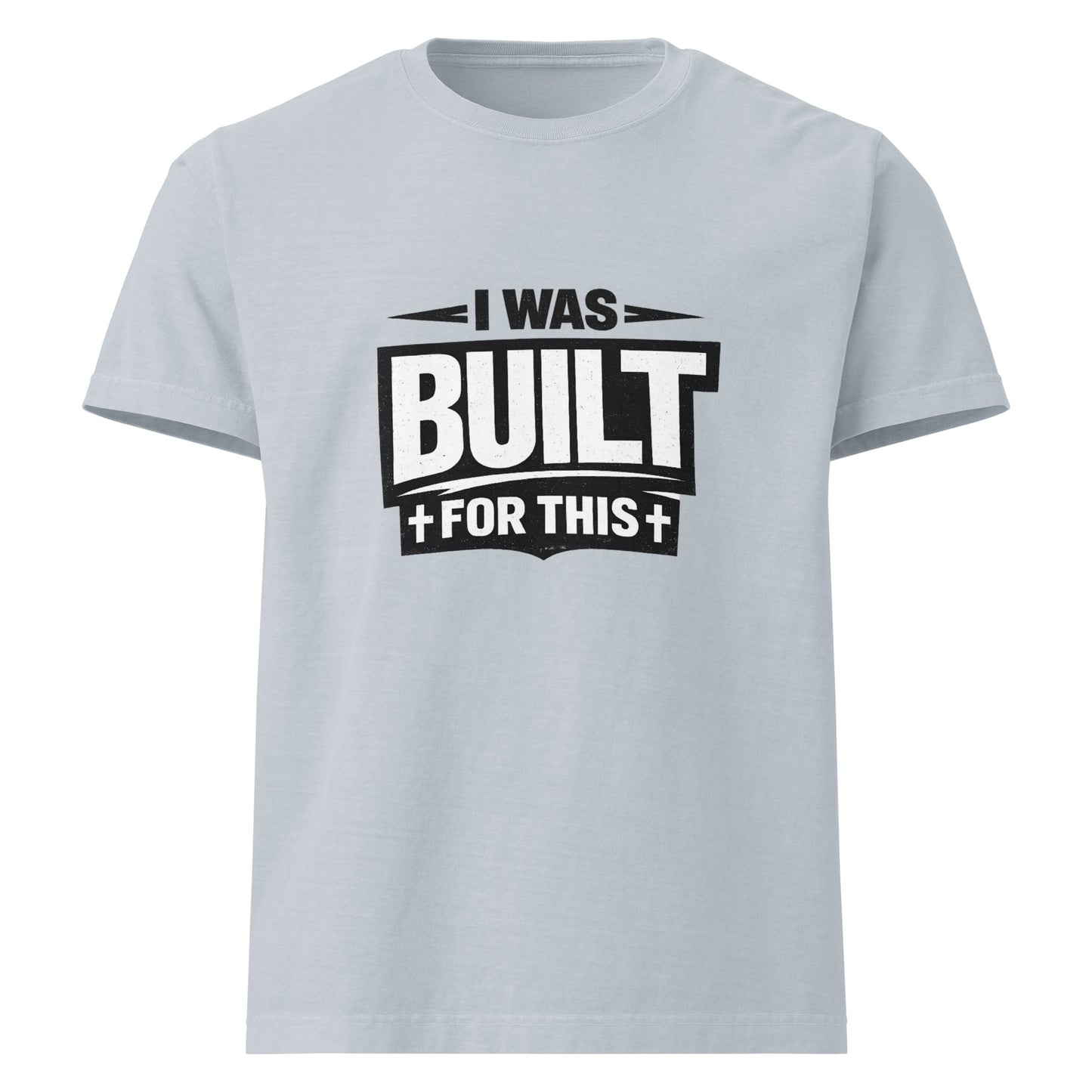 Bold Christian oversized streetwear t-shirt design featuring the phrase “I Was Built For This” in distressed white typography on a transparent background. Minimalist faith-based graphic tee for black vintage washed shirts inspired by purpose, strength, and identity in Christ.