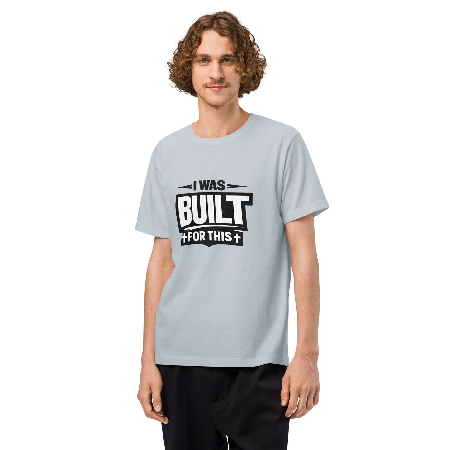 Bold Christian oversized streetwear t-shirt design featuring the phrase “I Was Built For This” in distressed white typography on a transparent background. Minimalist faith-based graphic tee for black vintage washed shirts inspired by purpose, strength, and identity in Christ.