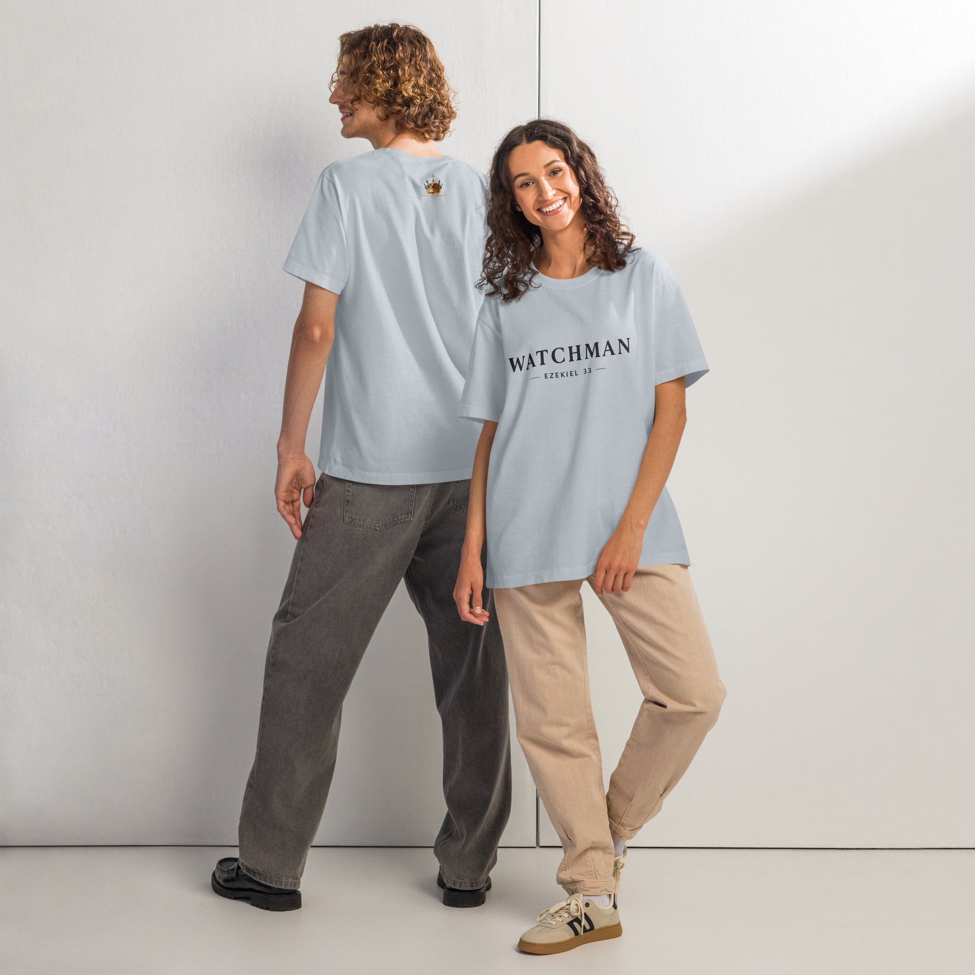 Minimal “WATCHMAN” Christian design with Ezekiel 33 reference, bold prophetic streetwear graphic for oversized T-shirt.