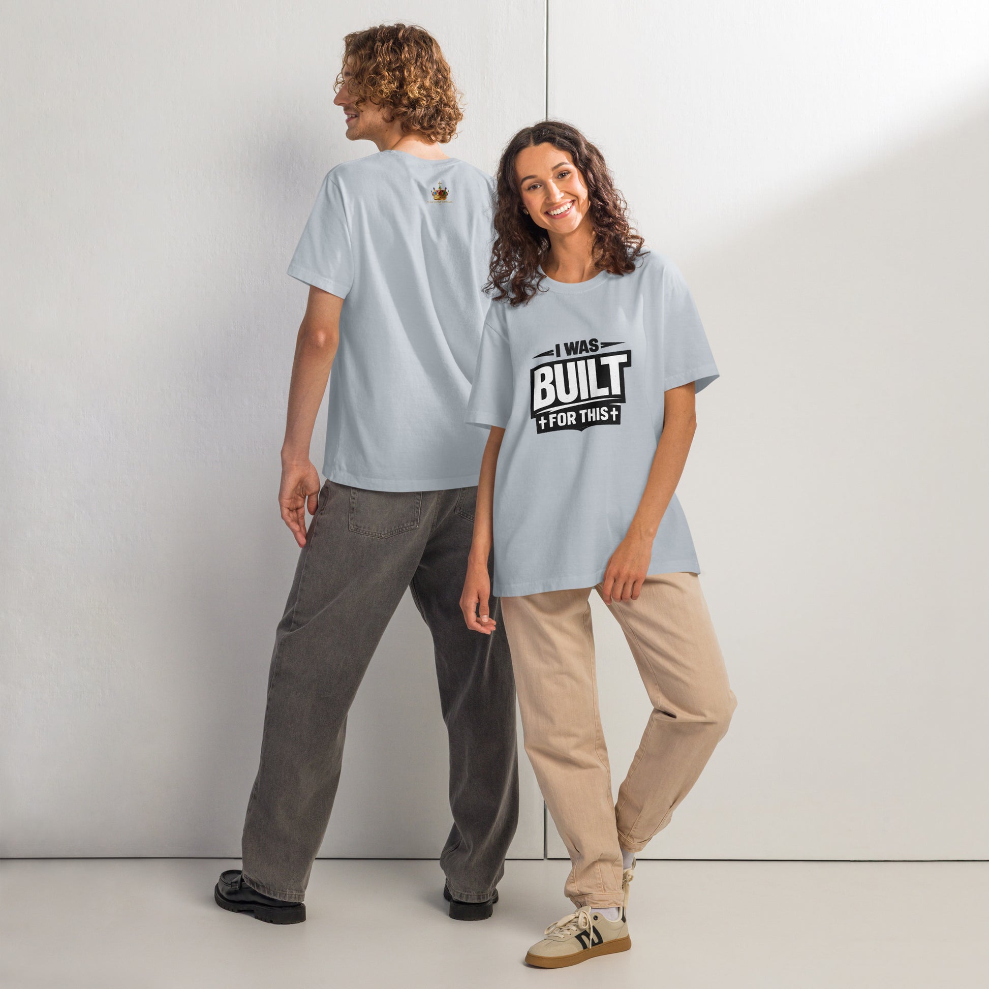 Bold Christian oversized streetwear t-shirt design featuring the phrase “I Was Built For This” in distressed white typography on a transparent background. Minimalist faith-based graphic tee for black vintage washed shirts inspired by purpose, strength, and identity in Christ.