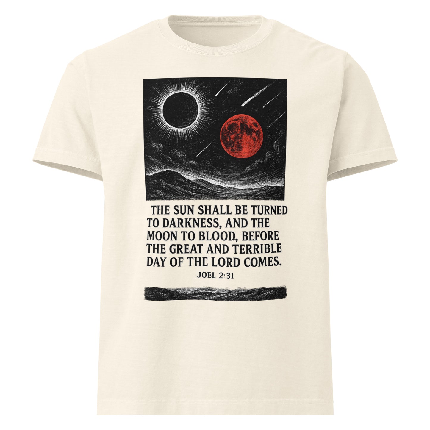 Beige t-shirt with a graphic design of a solar eclipse and red moon, featuring a biblical quote.