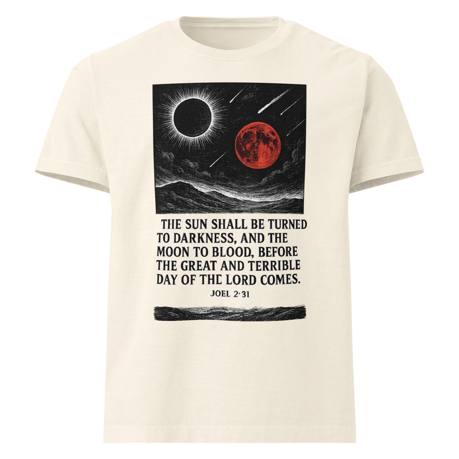 Beige t-shirt with a graphic design of a solar eclipse and red moon, featuring a biblical quote.