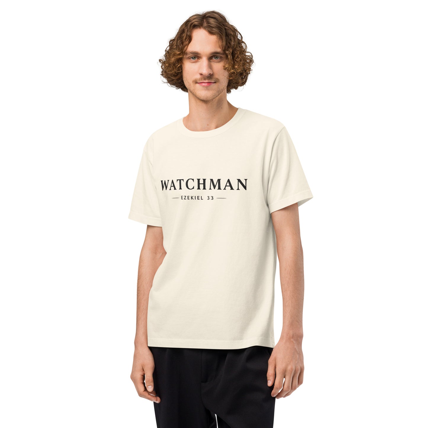 Minimal “WATCHMAN” Christian design with Ezekiel 33 reference, bold prophetic streetwear graphic for oversized T-shirt.