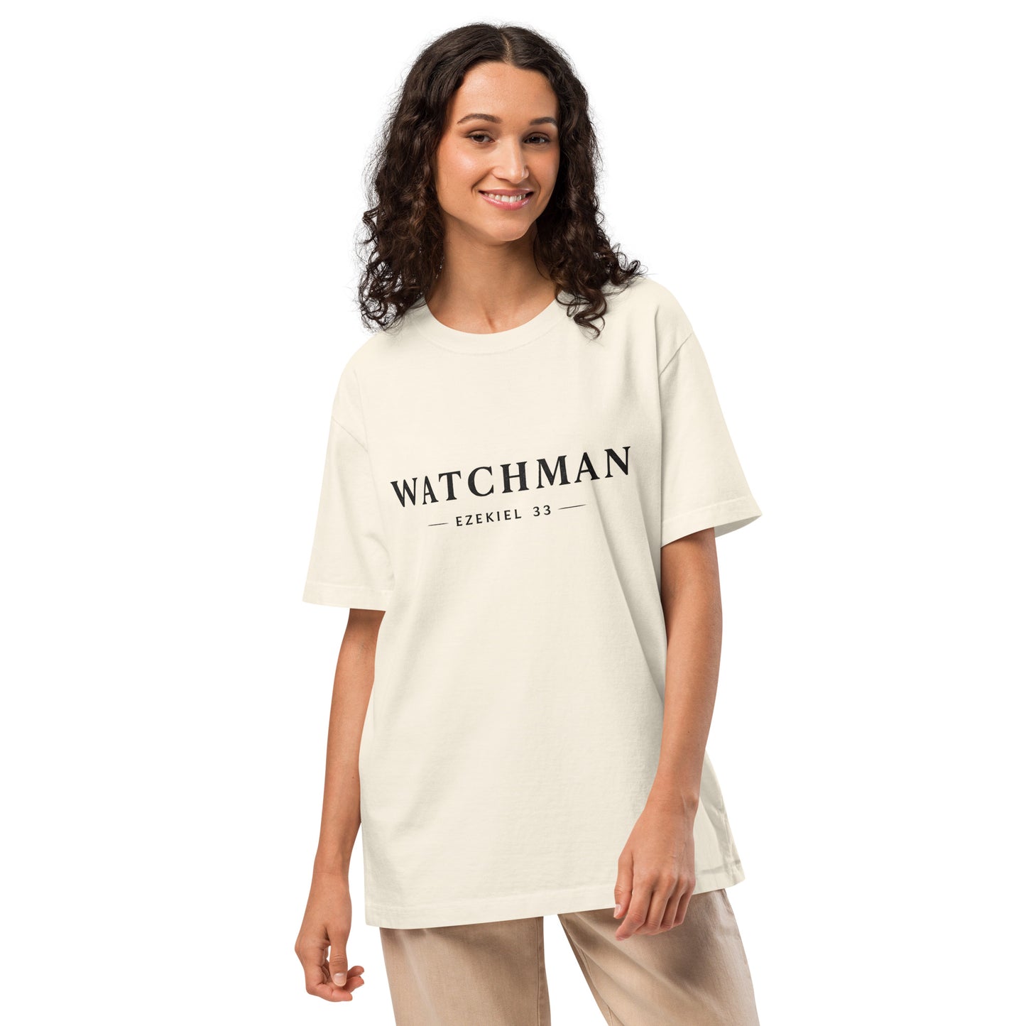 Minimal “WATCHMAN” Christian design with Ezekiel 33 reference, bold prophetic streetwear graphic for oversized T-shirt.