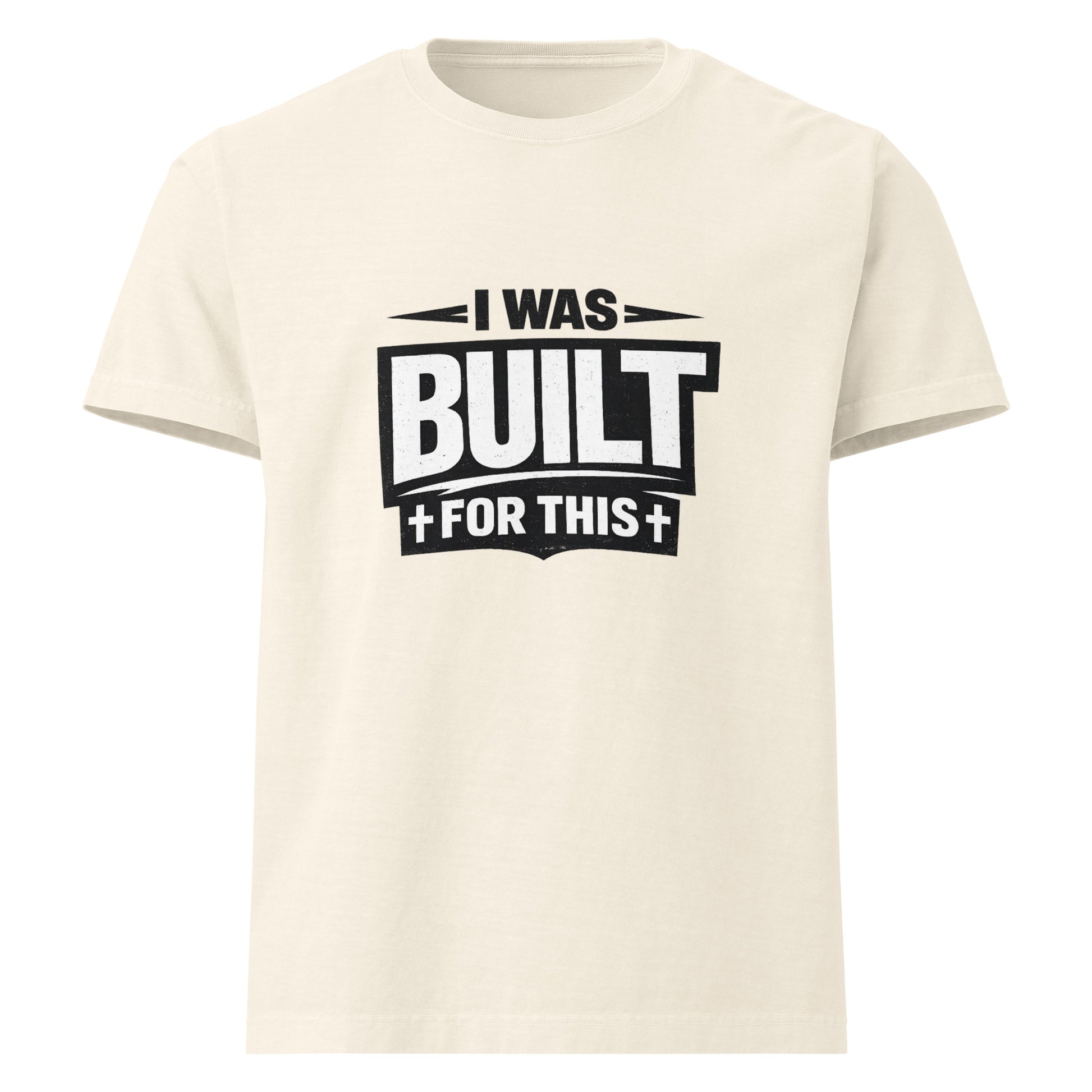 Bold Christian oversized streetwear t-shirt design featuring the phrase “I Was Built For This” in distressed white typography on a transparent background. Minimalist faith-based graphic tee for black vintage washed shirts inspired by purpose, strength, and identity in Christ.