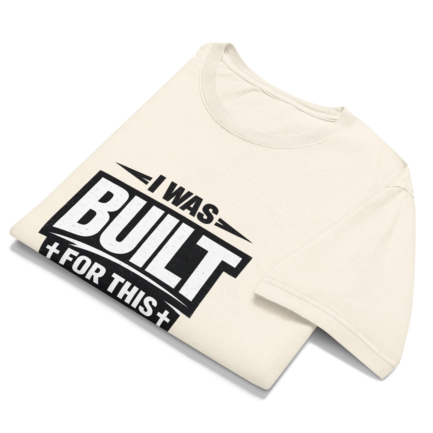 Bold Christian oversized streetwear t-shirt design featuring the phrase “I Was Built For This” in distressed white typography on a transparent background. Minimalist faith-based graphic tee for black vintage washed shirts inspired by purpose, strength, and identity in Christ.