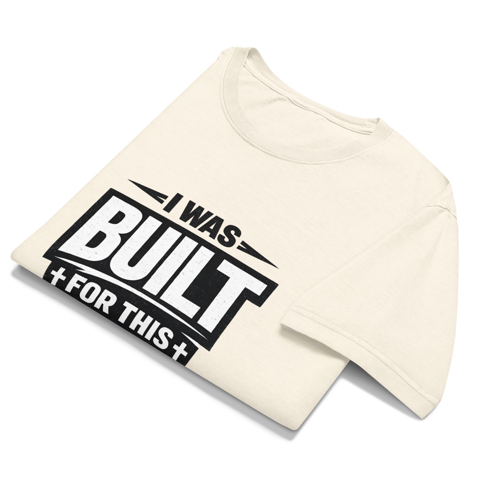 Bold Christian oversized streetwear t-shirt design featuring the phrase “I Was Built For This” in distressed white typography on a transparent background. Minimalist faith-based graphic tee for black vintage washed shirts inspired by purpose, strength, and identity in Christ.