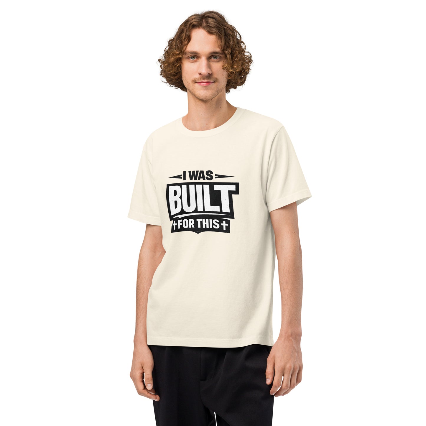 Bold Christian oversized streetwear t-shirt design featuring the phrase “I Was Built For This” in distressed white typography on a transparent background. Minimalist faith-based graphic tee for black vintage washed shirts inspired by purpose, strength, and identity in Christ.