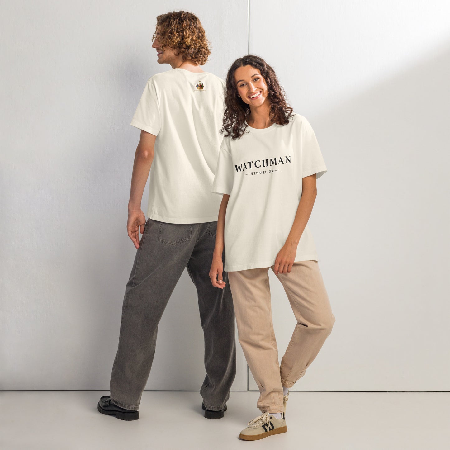 Minimal “WATCHMAN” Christian design with Ezekiel 33 reference, bold prophetic streetwear graphic for oversized T-shirt.