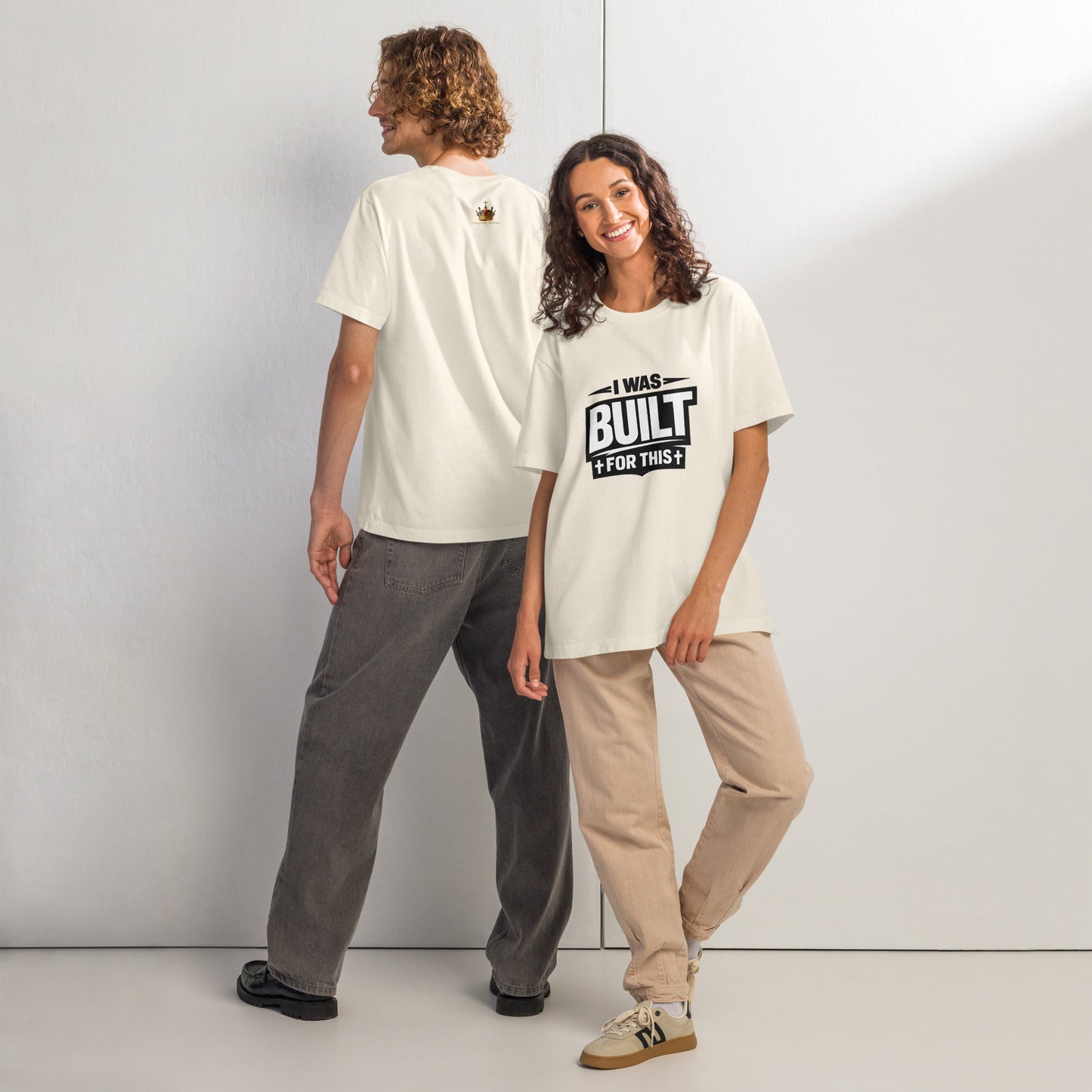 Bold Christian oversized streetwear t-shirt design featuring the phrase “I Was Built For This” in distressed white typography on a transparent background. Minimalist faith-based graphic tee for black vintage washed shirts inspired by purpose, strength, and identity in Christ.