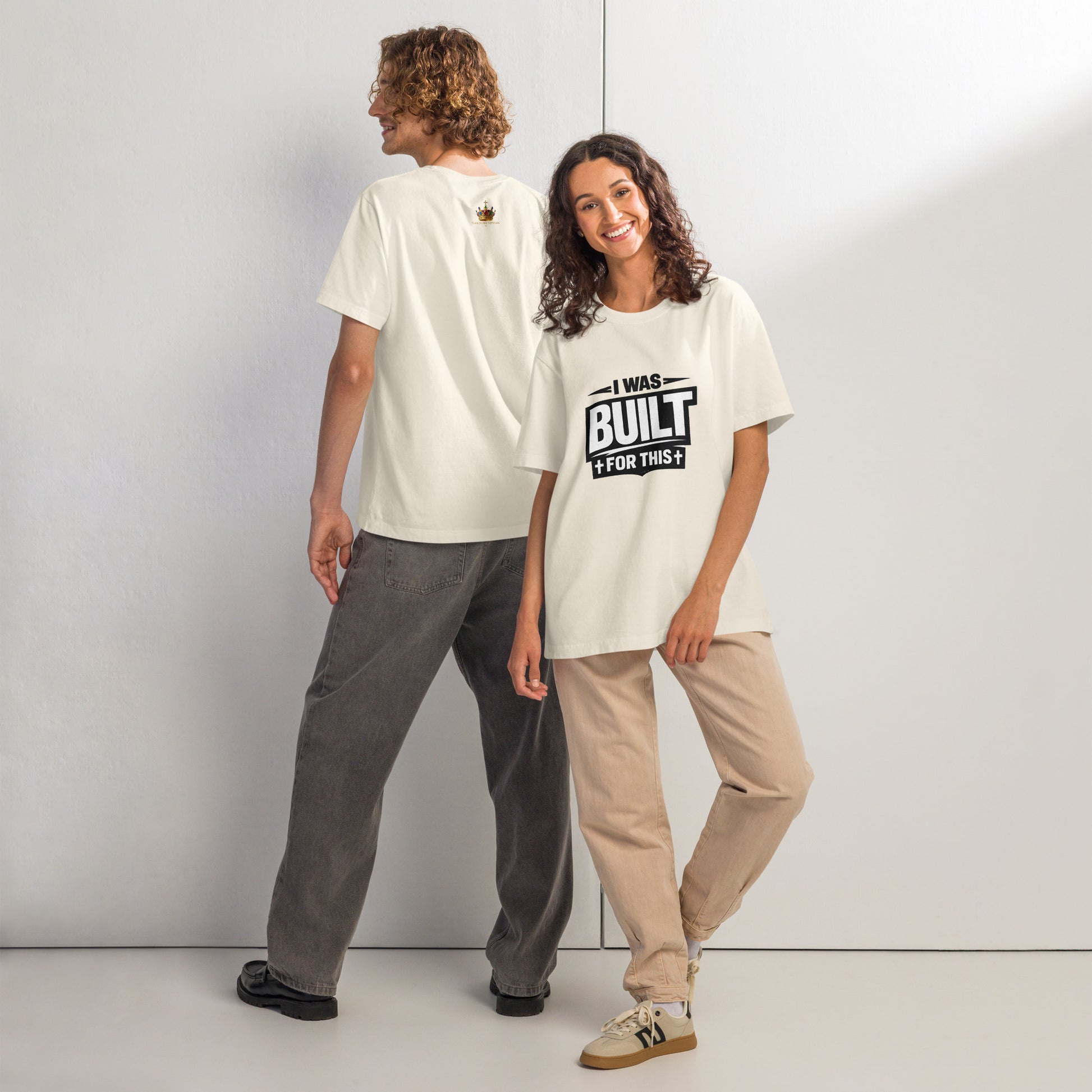 Bold Christian oversized streetwear t-shirt design featuring the phrase “I Was Built For This” in distressed white typography on a transparent background. Minimalist faith-based graphic tee for black vintage washed shirts inspired by purpose, strength, and identity in Christ.
