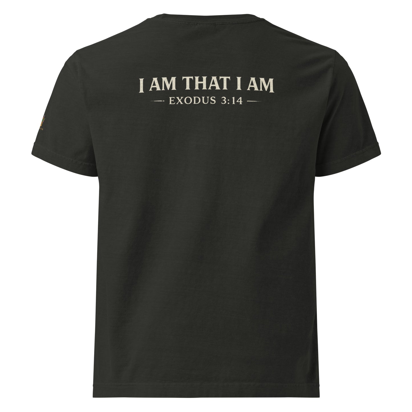 Oversized washed black Christian streetwear t-shirt featuring distressed YAHWEH typography with crown of thorns and sword design