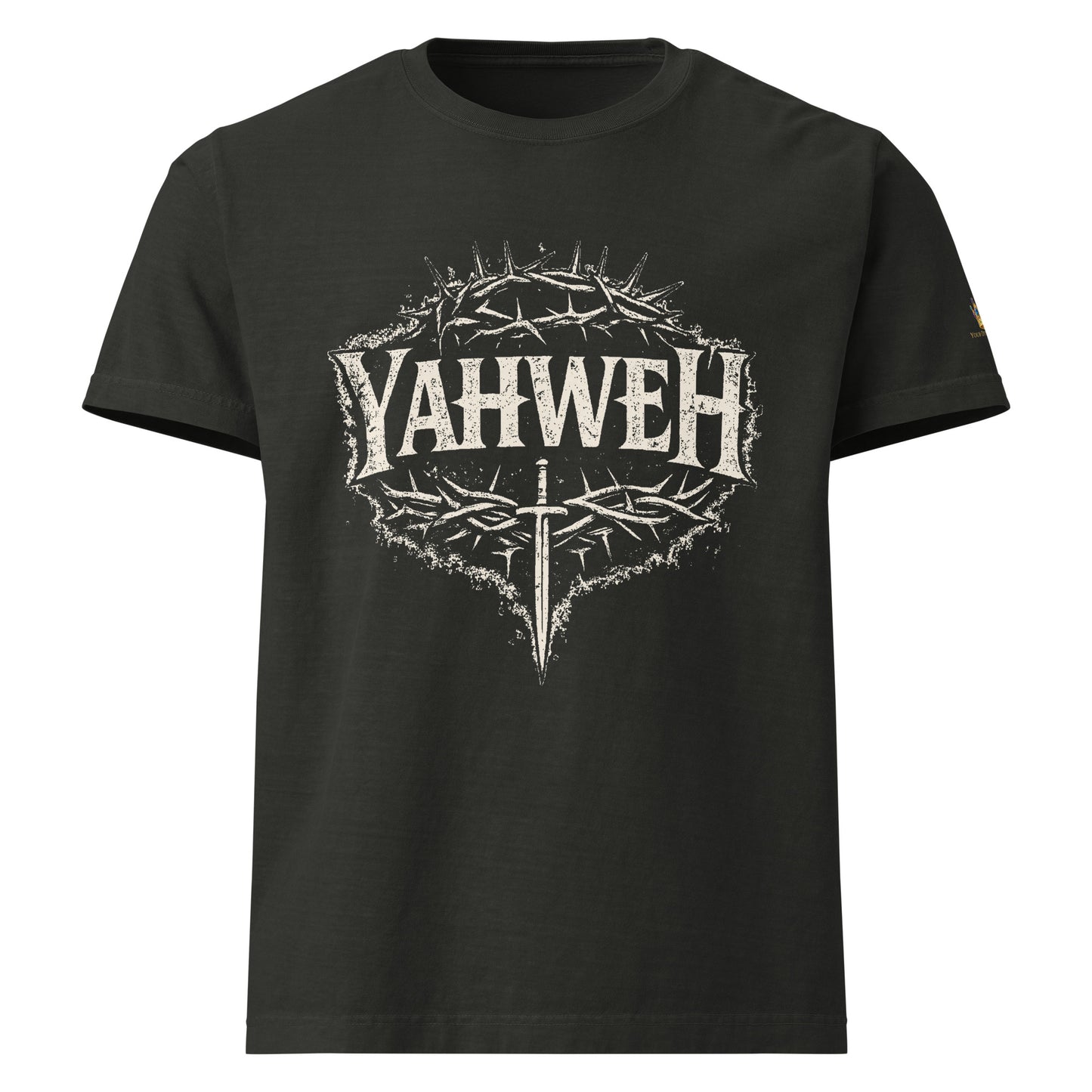 Oversized washed black Christian streetwear t-shirt featuring distressed YAHWEH typography with crown of thorns and sword design