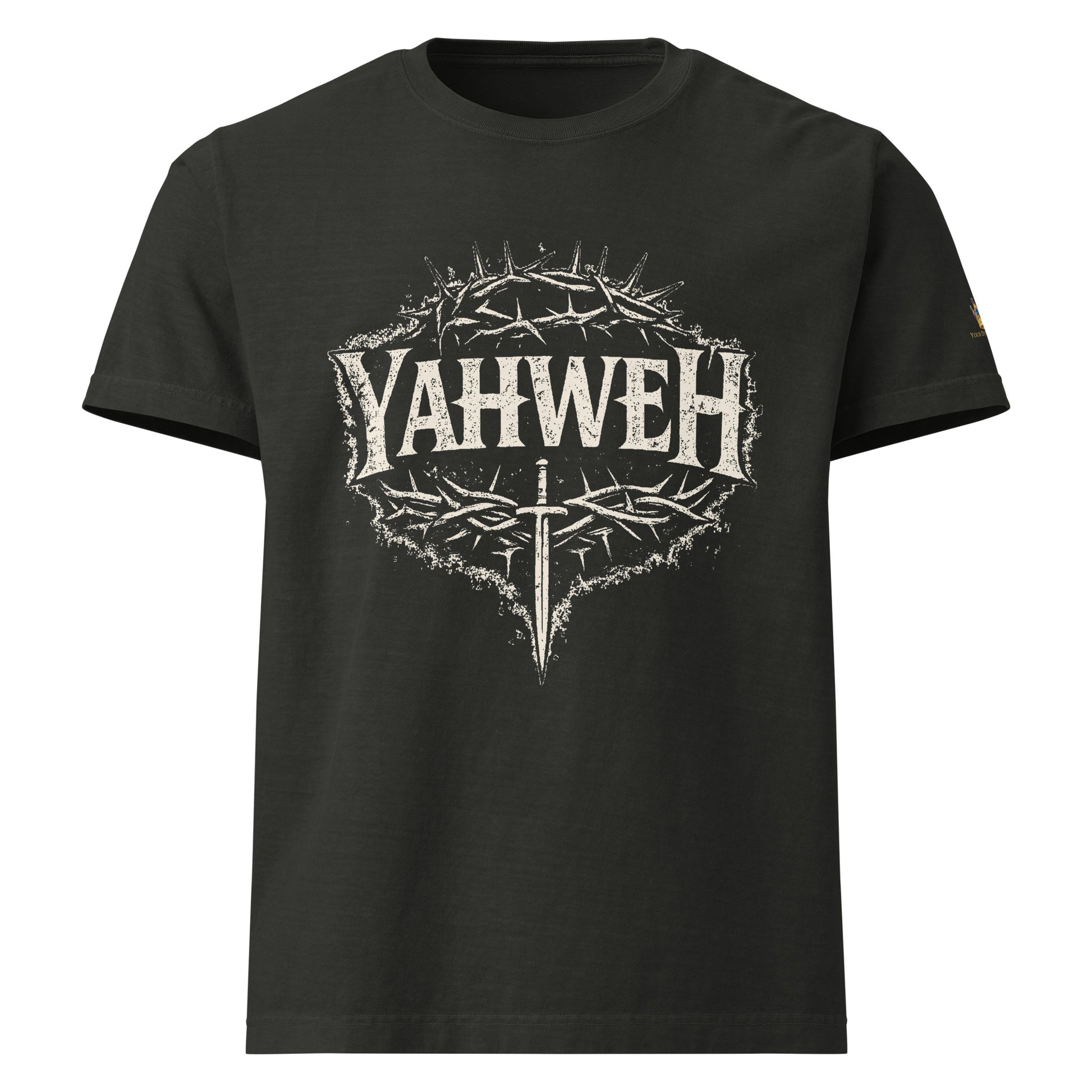 Oversized washed black Christian streetwear t-shirt featuring distressed YAHWEH typography with crown of thorns and sword design