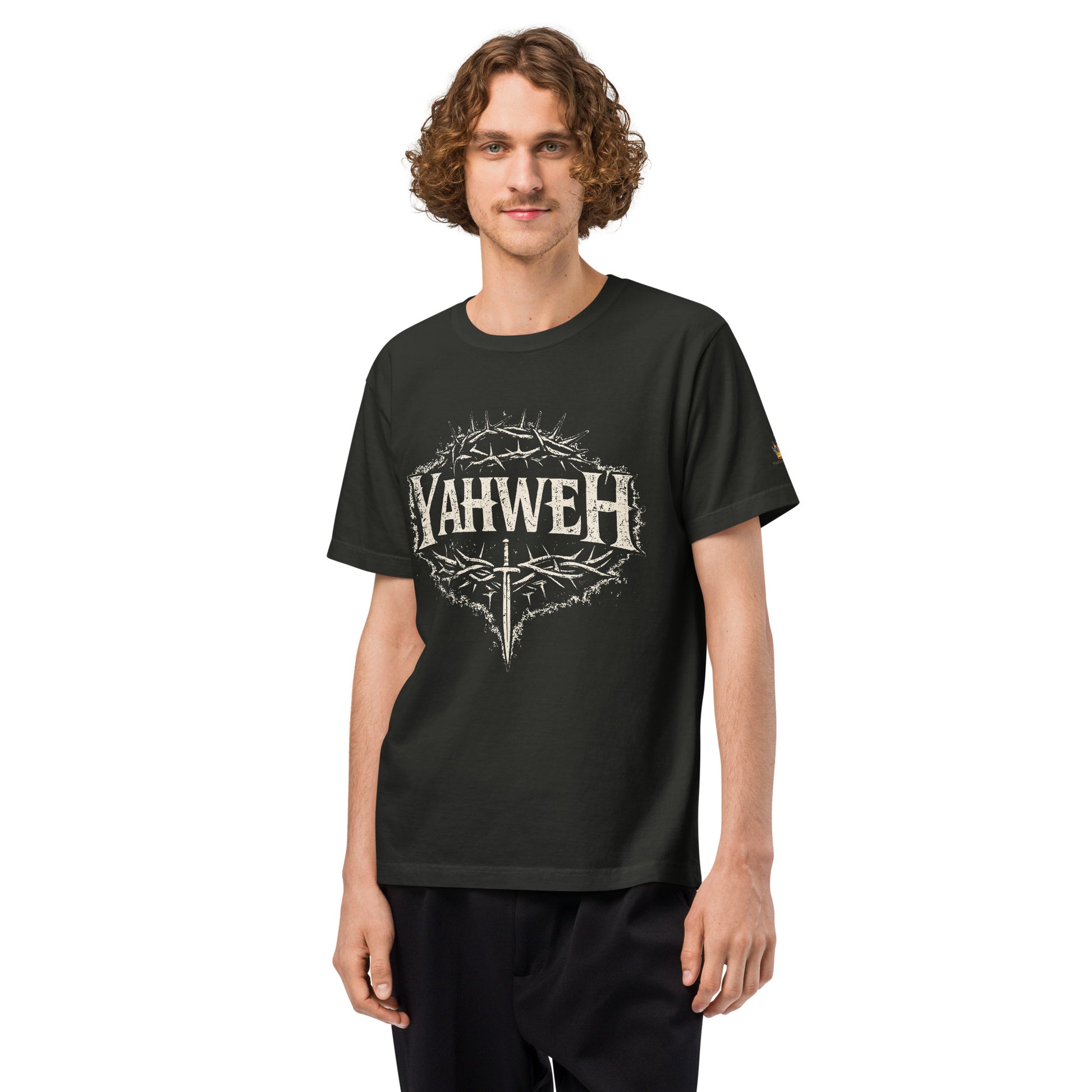 Oversized washed black Christian streetwear t-shirt featuring distressed YAHWEH typography with crown of thorns and sword design