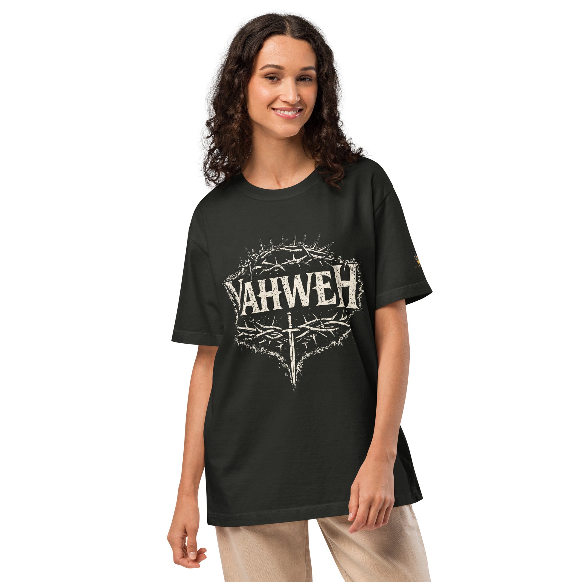 Oversized washed black Christian streetwear t-shirt featuring distressed YAHWEH typography with crown of thorns and sword design