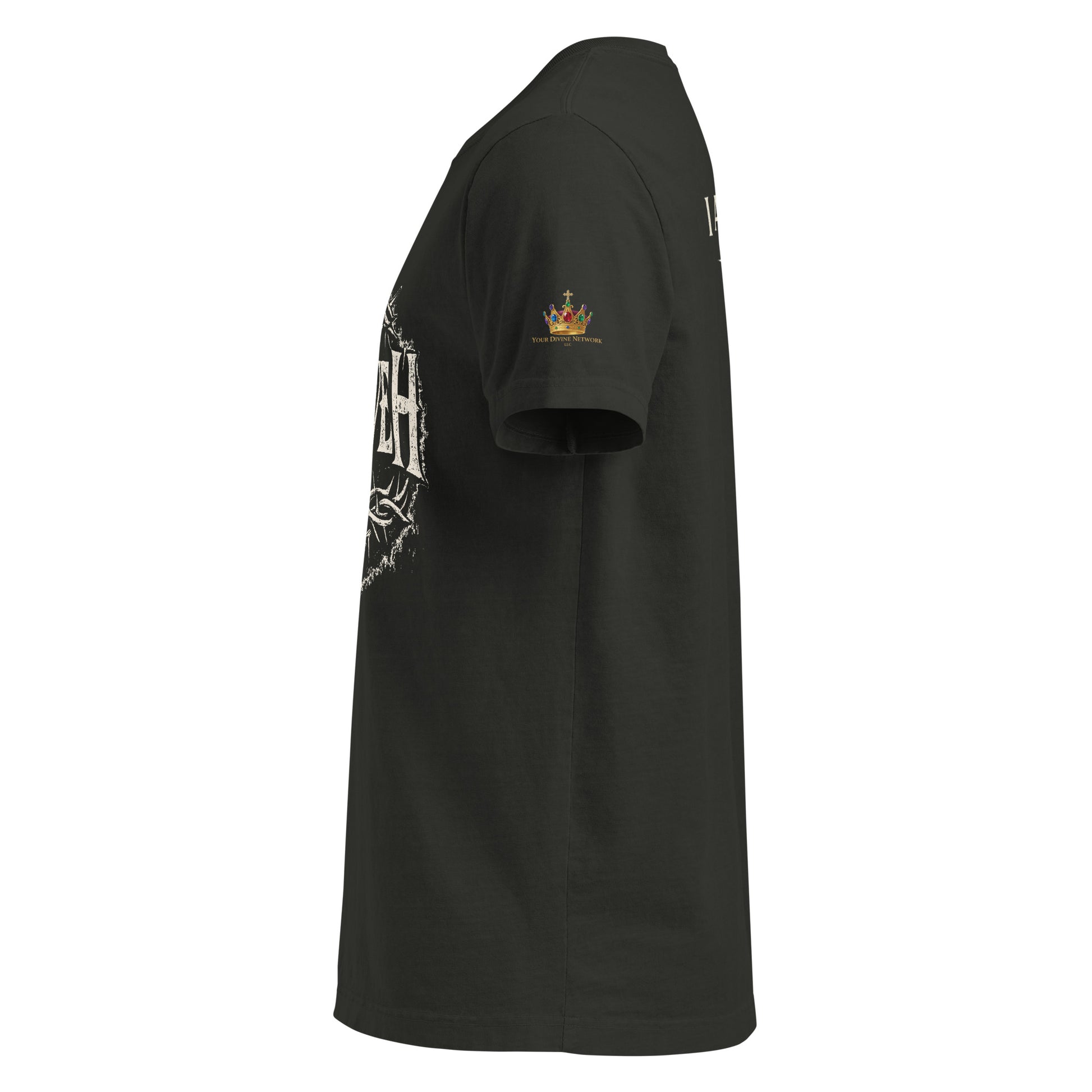 Oversized washed black Christian streetwear t-shirt featuring distressed YAHWEH typography with crown of thorns and sword design