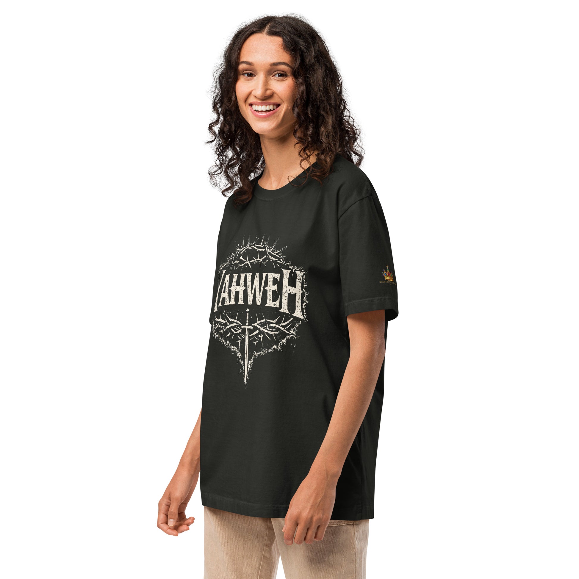 Oversized washed black Christian streetwear t-shirt featuring distressed YAHWEH typography with crown of thorns and sword design