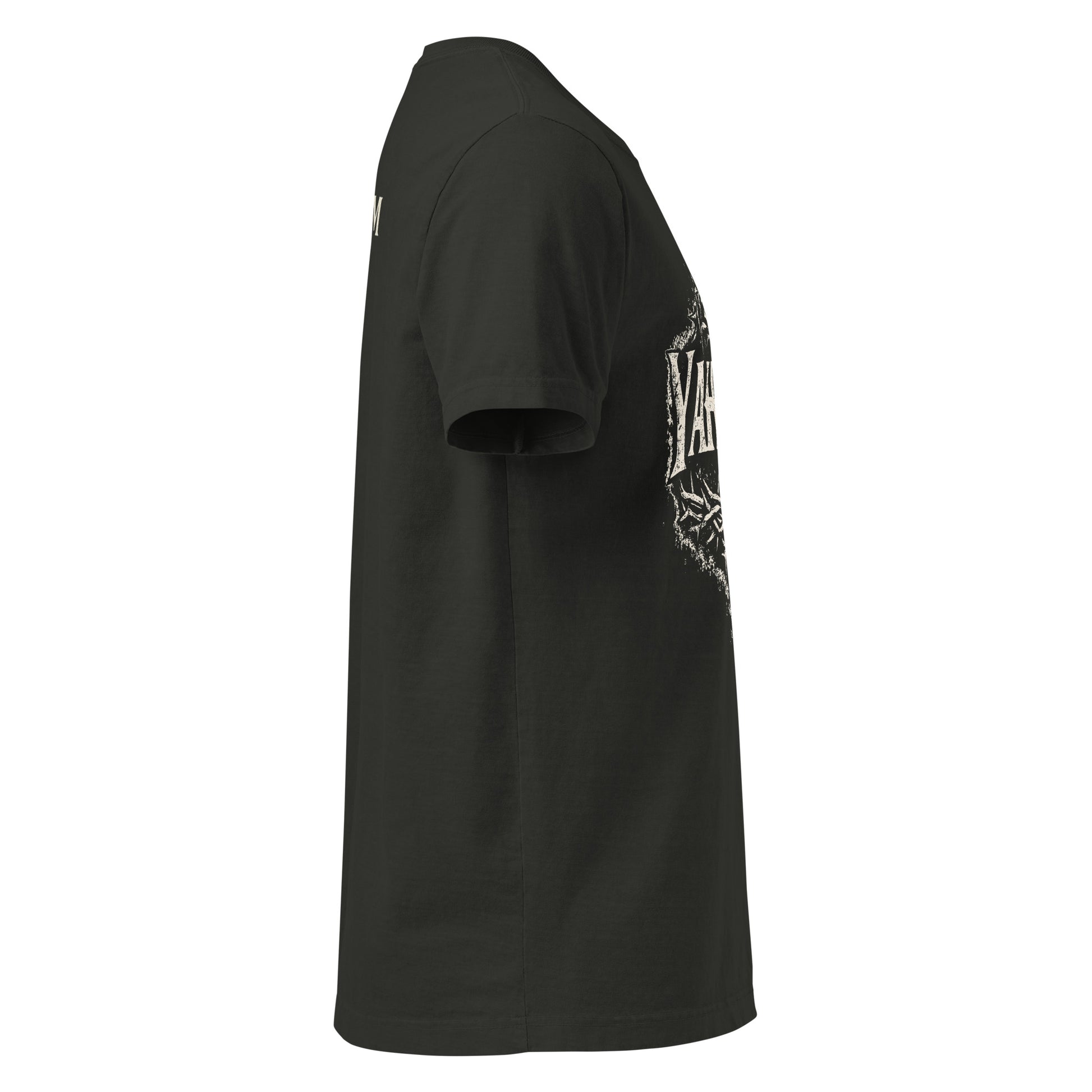 Oversized washed black Christian streetwear t-shirt featuring distressed YAHWEH typography with crown of thorns and sword design