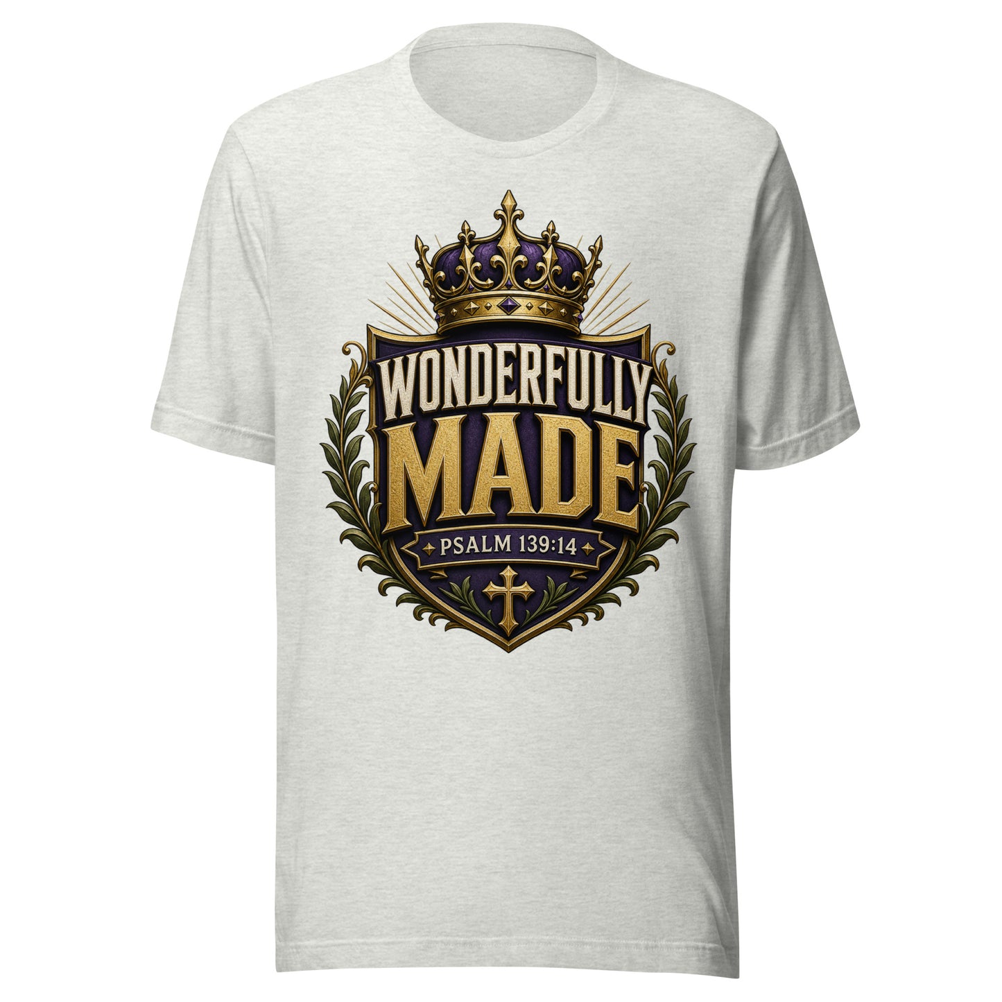 Wonderfully Made Psalm 139:14 men's Christian t-shirt in with royal crown and shield design — faith based apparel for men of God