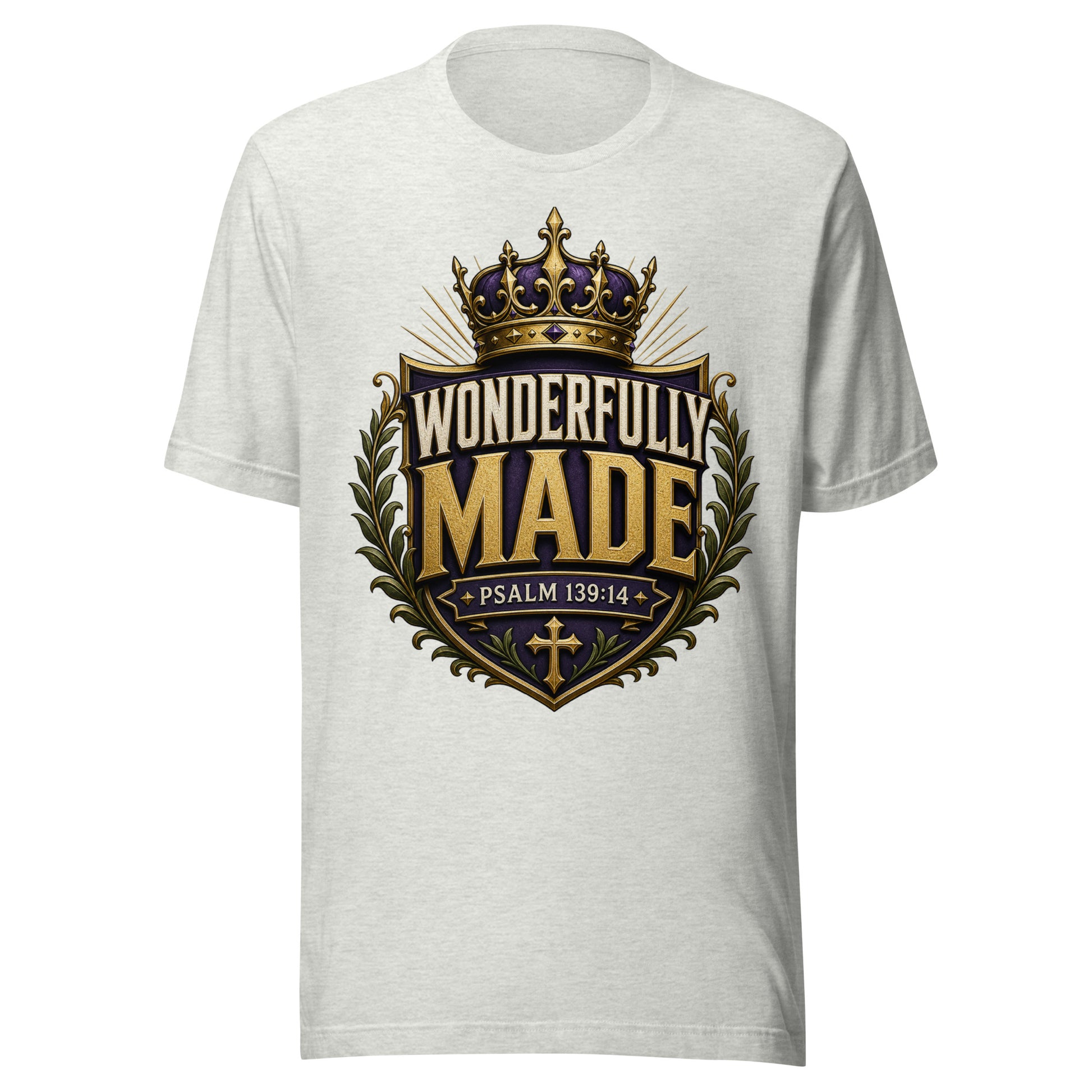Wonderfully Made Psalm 139:14 men's Christian t-shirt in with royal crown and shield design — faith based apparel for men of God