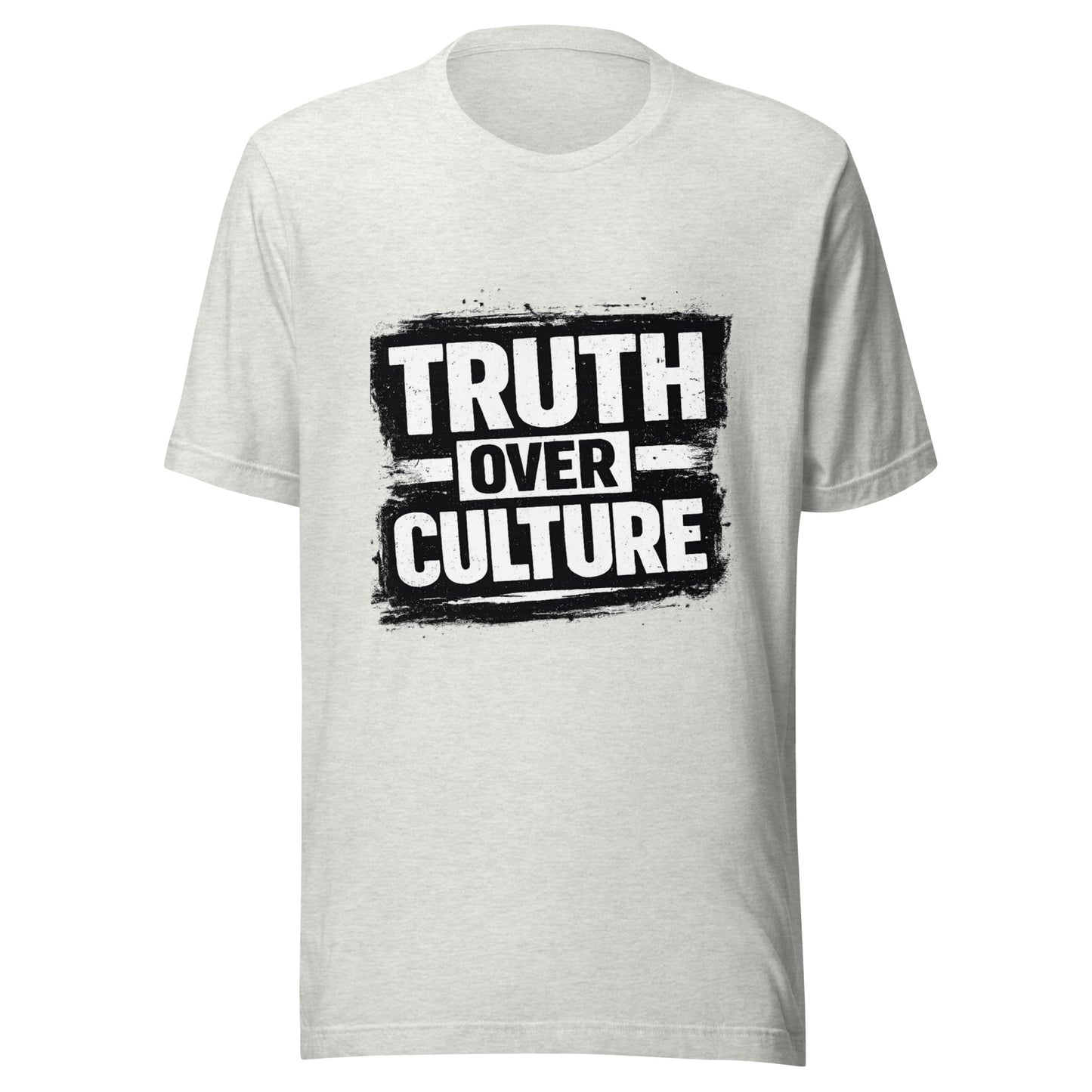 Christian Truth Over Culture graphic shirt design with bold distressed black and white typography declaring biblical truth over worldly culture.