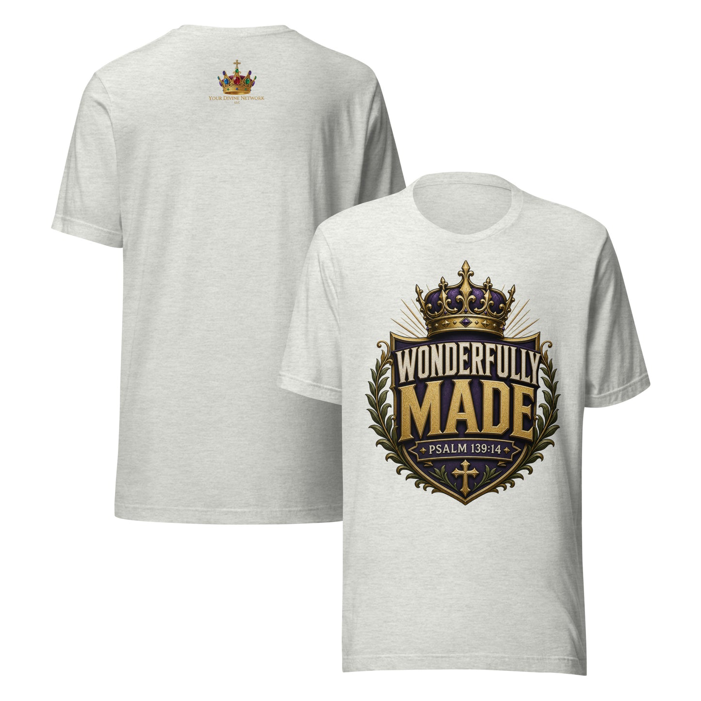 Wonderfully Made Psalm 139:14 men's Christian t-shirt in with royal crown and shield design — faith-based apparel for men of God