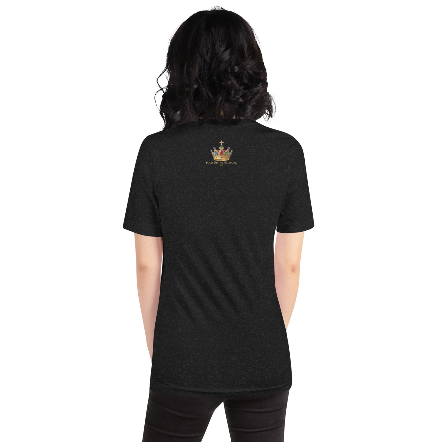Christian black T-shirt with I AM text, glowing wooden cross, dove, clouds, and faith-inspired symbolic artwork