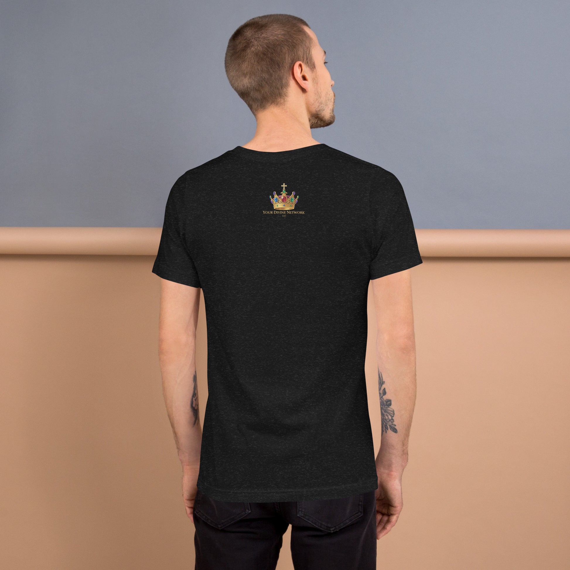 Christian black T-shirt with I AM text, glowing wooden cross, dove, clouds, and faith-inspired symbolic artwork