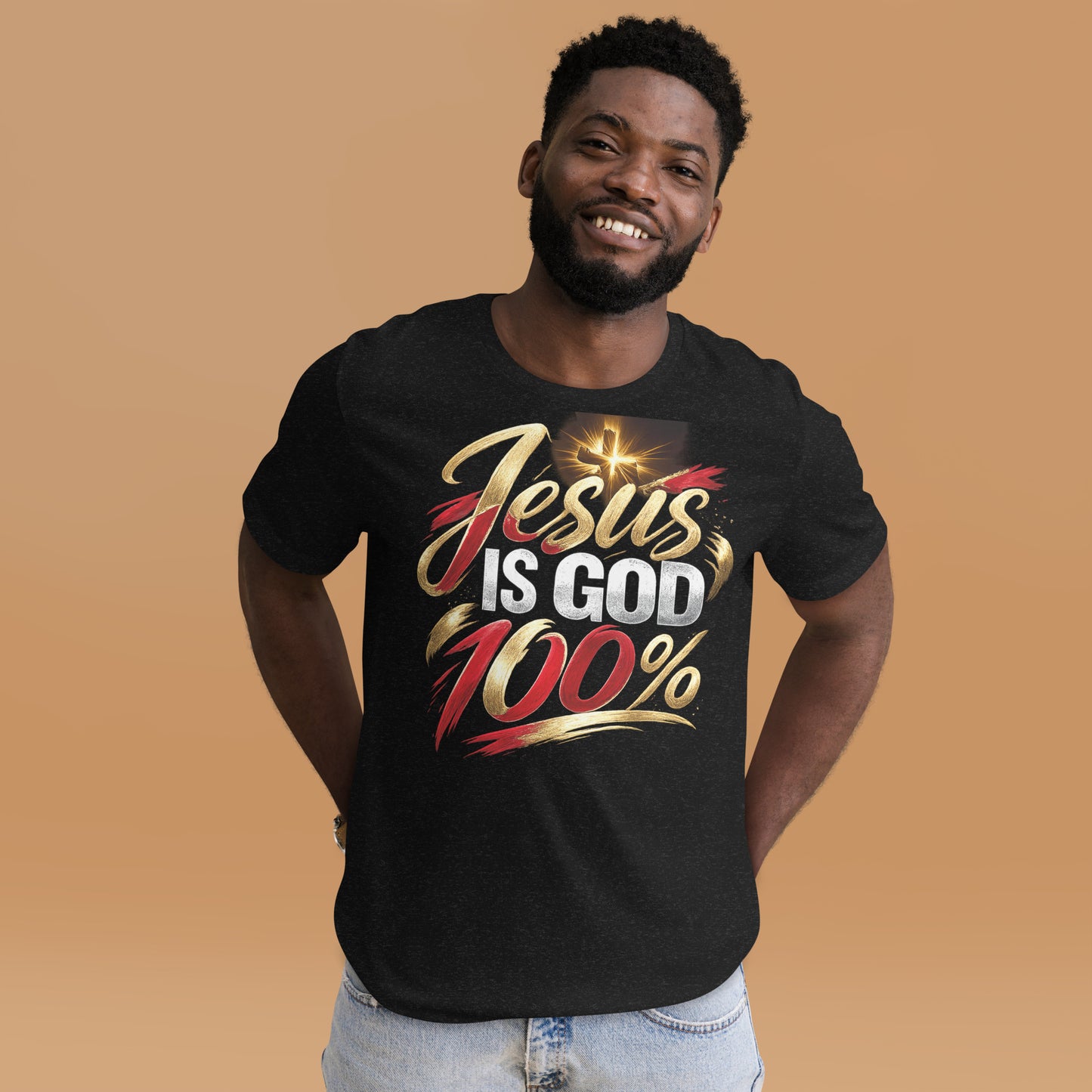“Jesus Is God 100% Christian t-shirt design in gold red and white typography with cross light burst”