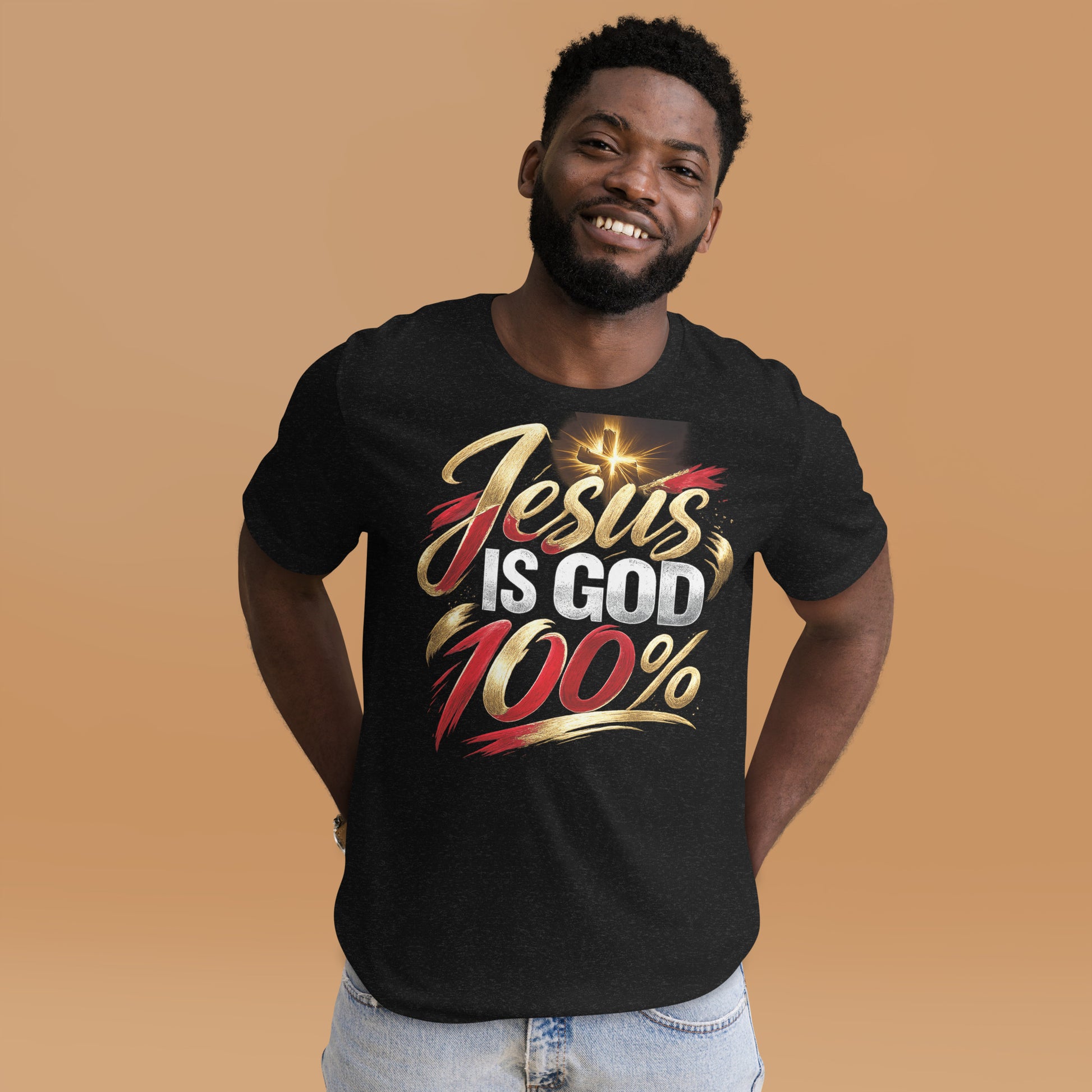 “Jesus Is God 100% Christian t-shirt design in gold red and white typography with cross light burst”