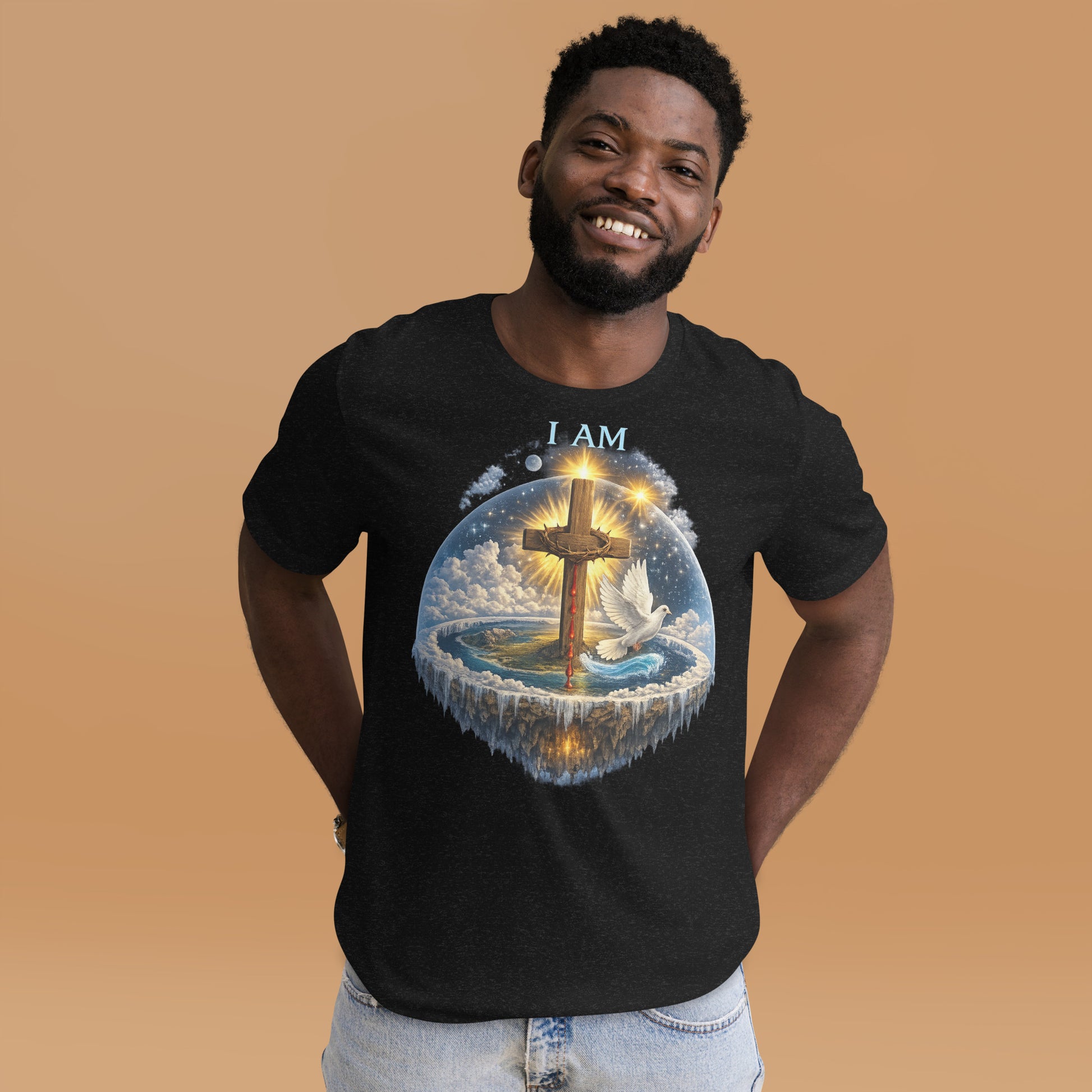 Christian black T-shirt with I AM text, glowing wooden cross, dove, clouds, and faith-inspired symbolic artwork