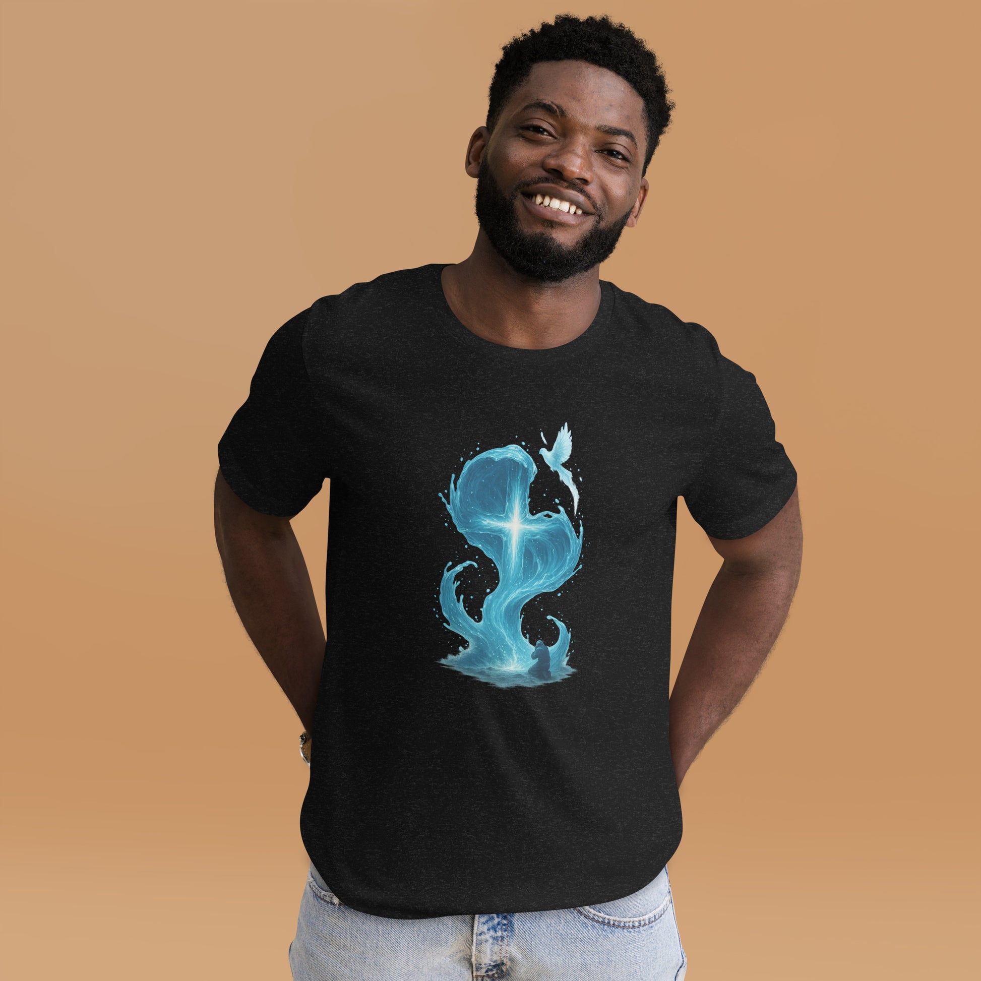 Christian t-shirt with Living Water Cross design – Scripture apparel