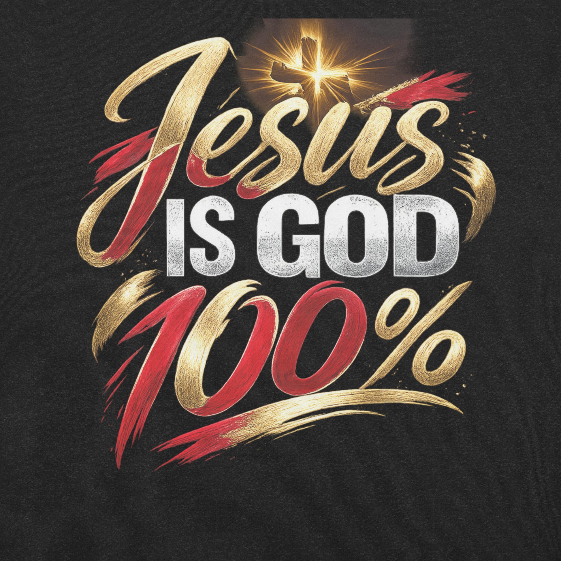 “Jesus Is God 100% Christian t-shirt design in gold red and white typography with cross light burst”