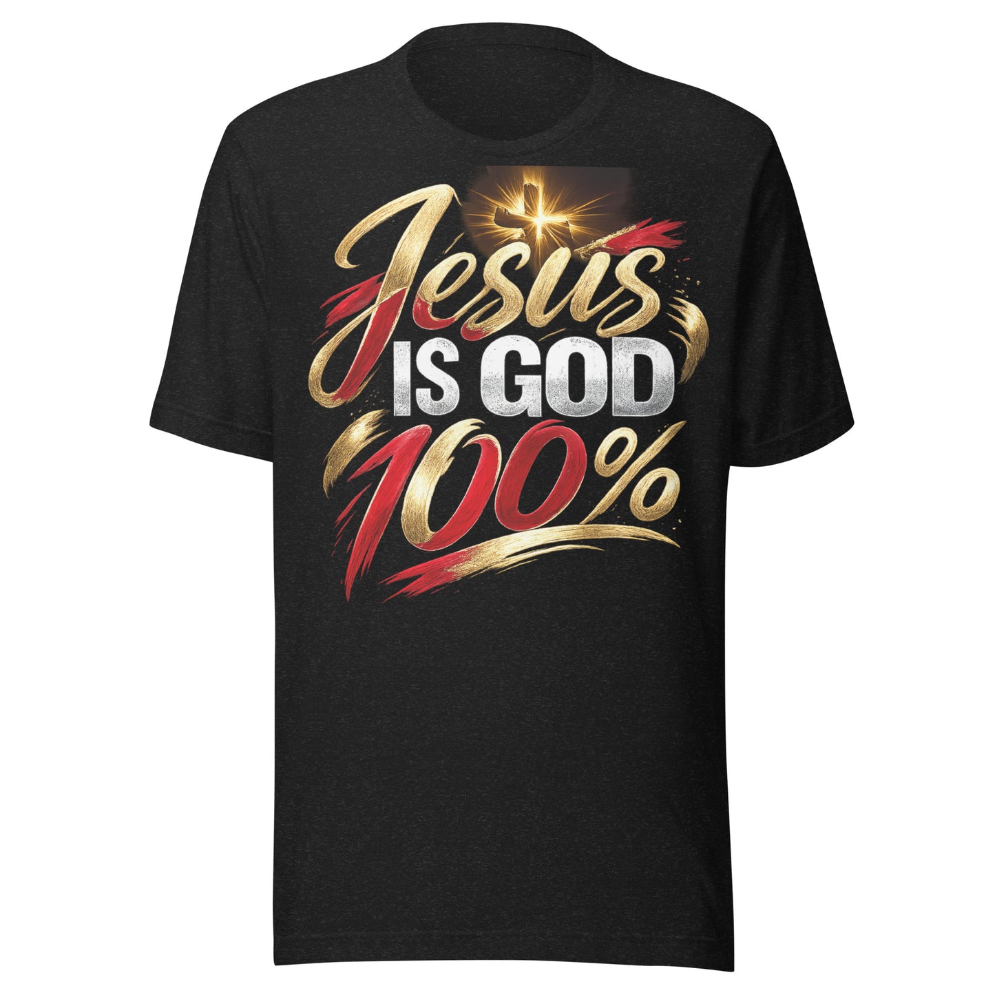 “Jesus Is God 100% Christian t-shirt design in gold red and white typography with cross light burst”