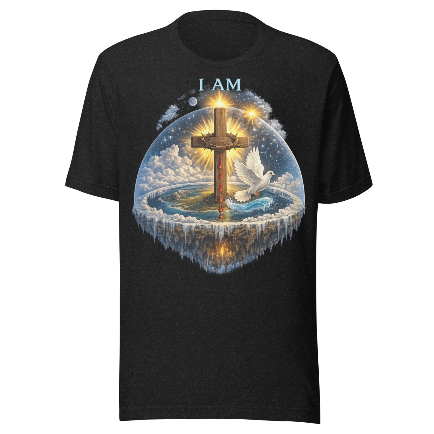 Christian black T-shirt with I AM text, glowing wooden cross, dove, clouds, and faith-inspired symbolic artwork