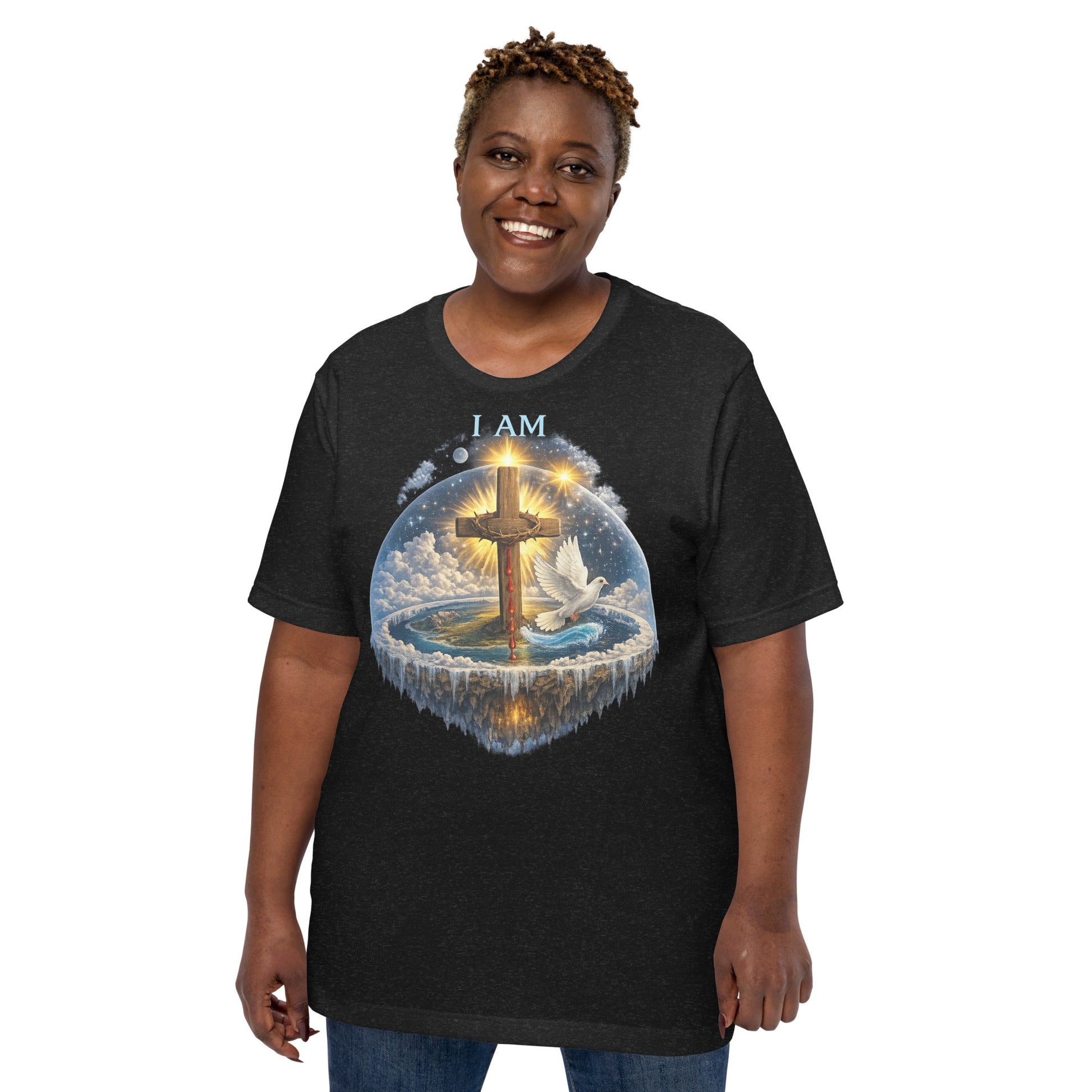 Christian black T-shirt with I AM text, glowing wooden cross, dove, clouds, and faith-inspired symbolic artwork