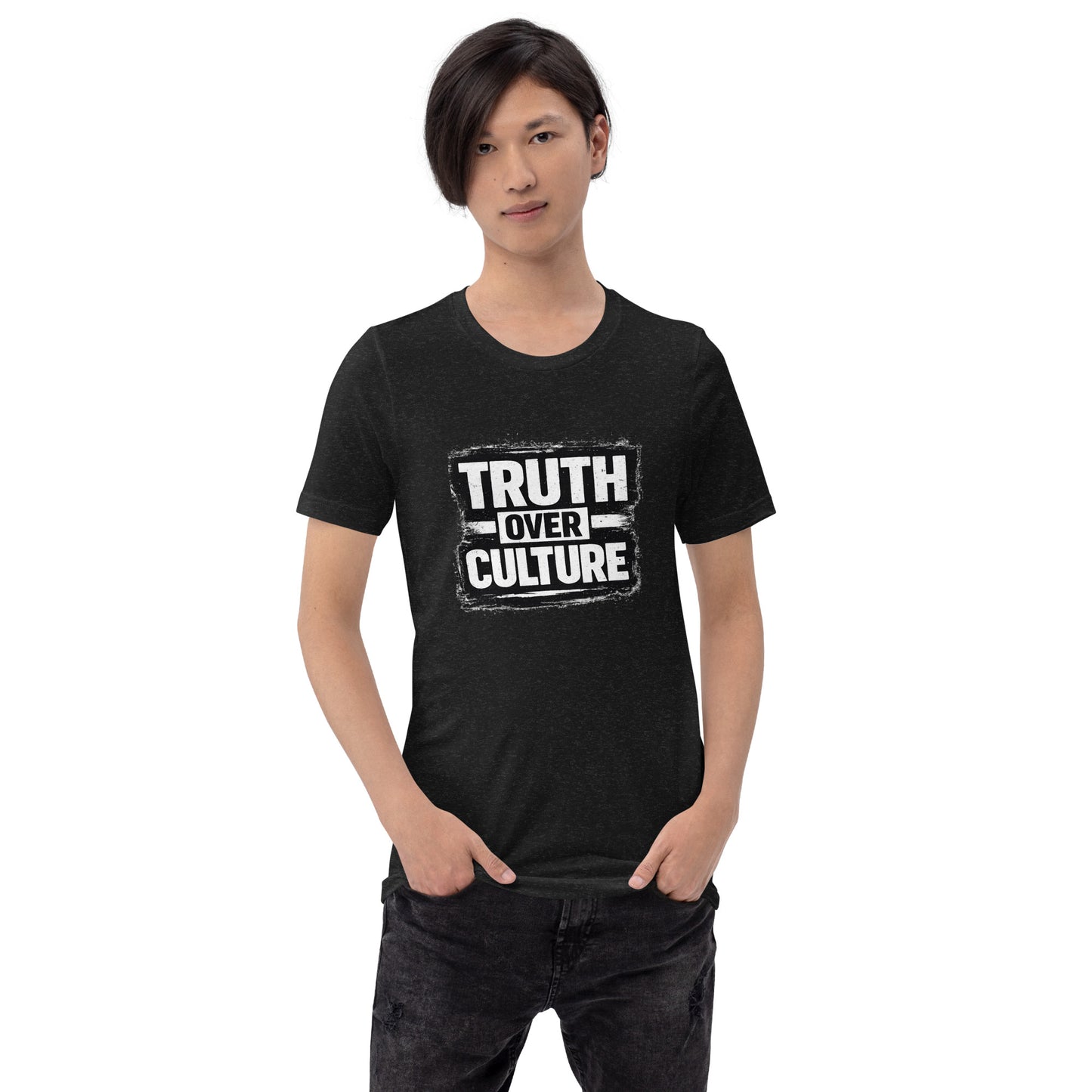 Christian Truth Over Culture graphic shirt design with bold distressed black and white typography declaring biblical truth over worldly culture.