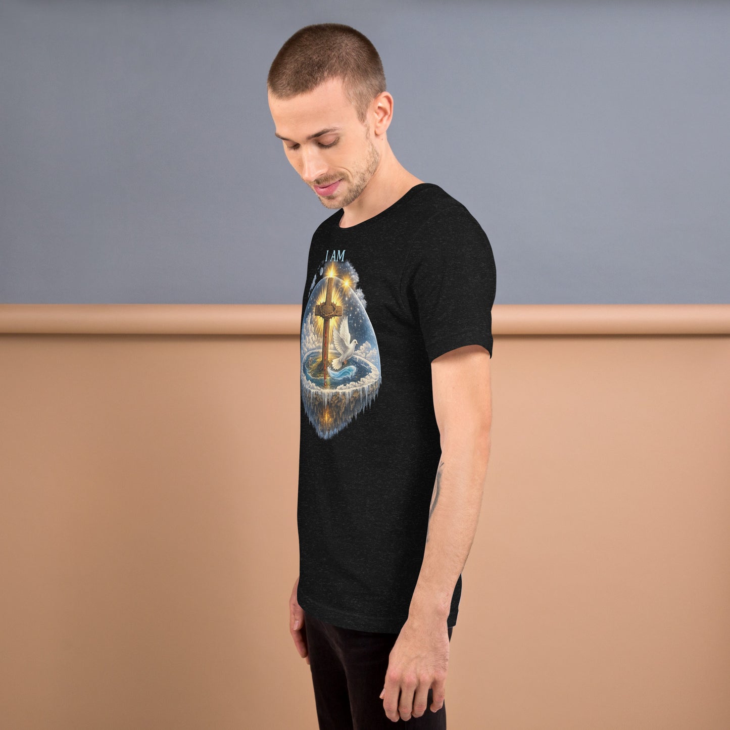 Christian black T-shirt with I AM text, glowing wooden cross, dove, clouds, and faith-inspired symbolic artwork